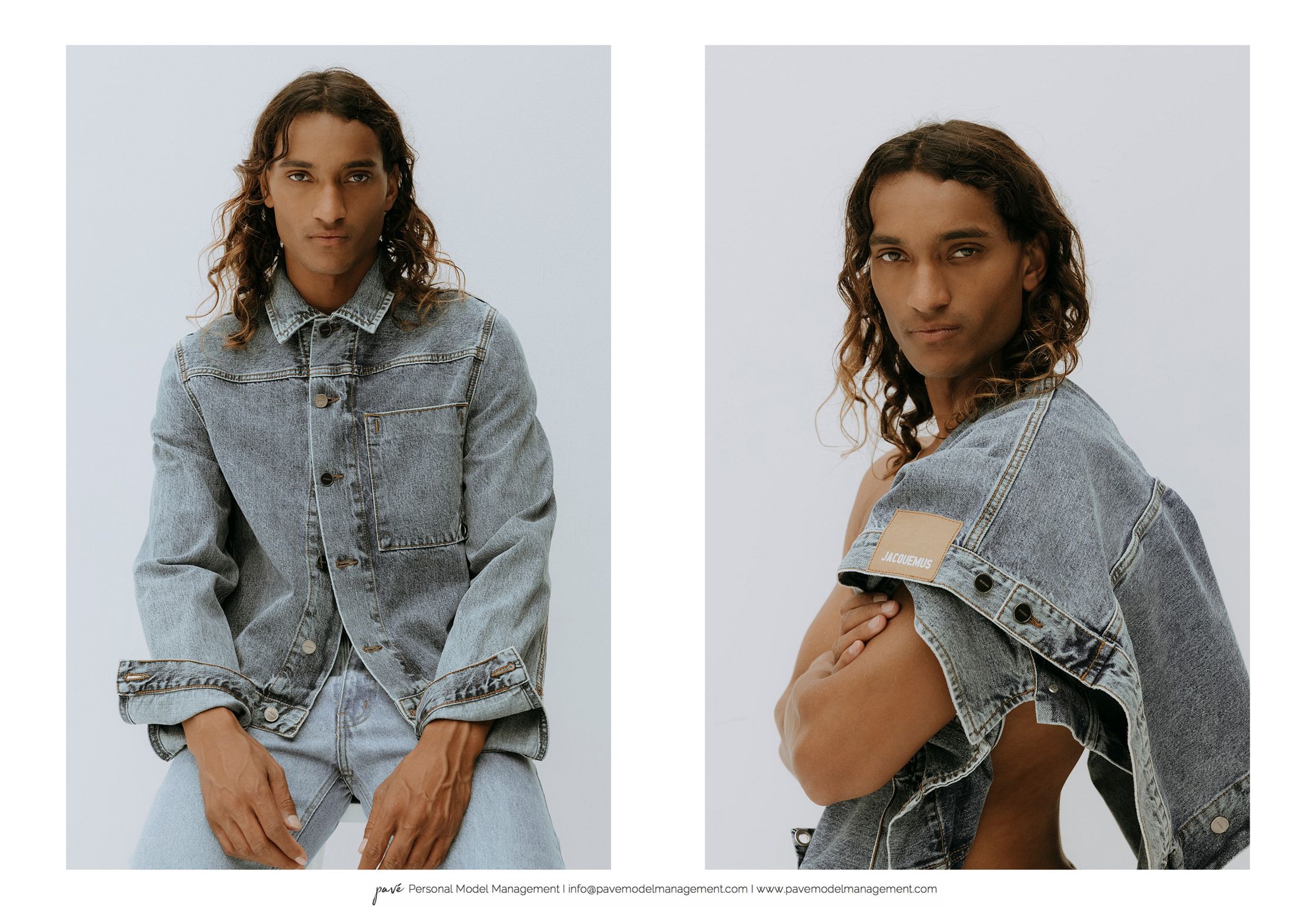 A male model with long curly hair in a light wash denim jacket and jeans, pictured in two poses against a white background.