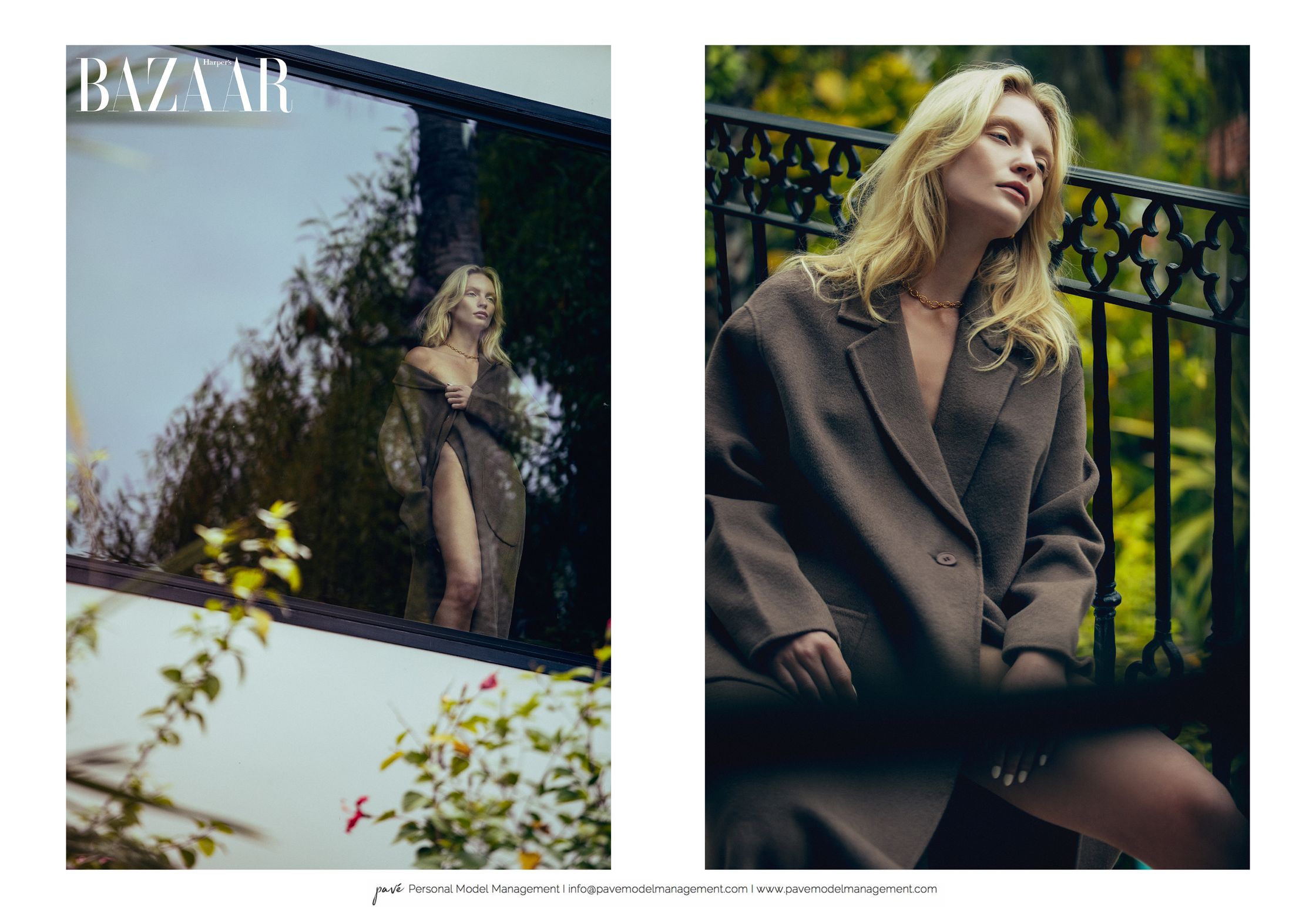 A split image features a model in a brown overcoat, with one side showing her reflection in a window and the other showing her seated outdoors.