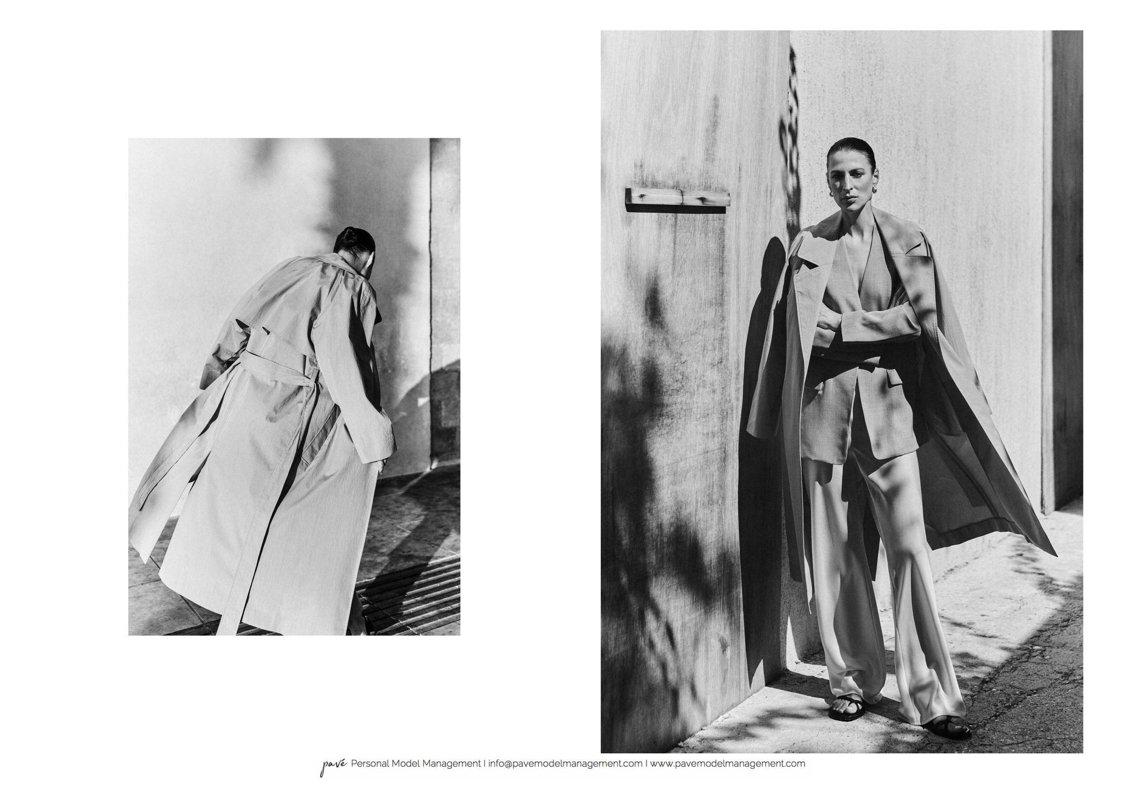 A black and white image features a woman posing in a trench coat and suit next to a wall, with a second smaller image showing her from behind in the same attire.