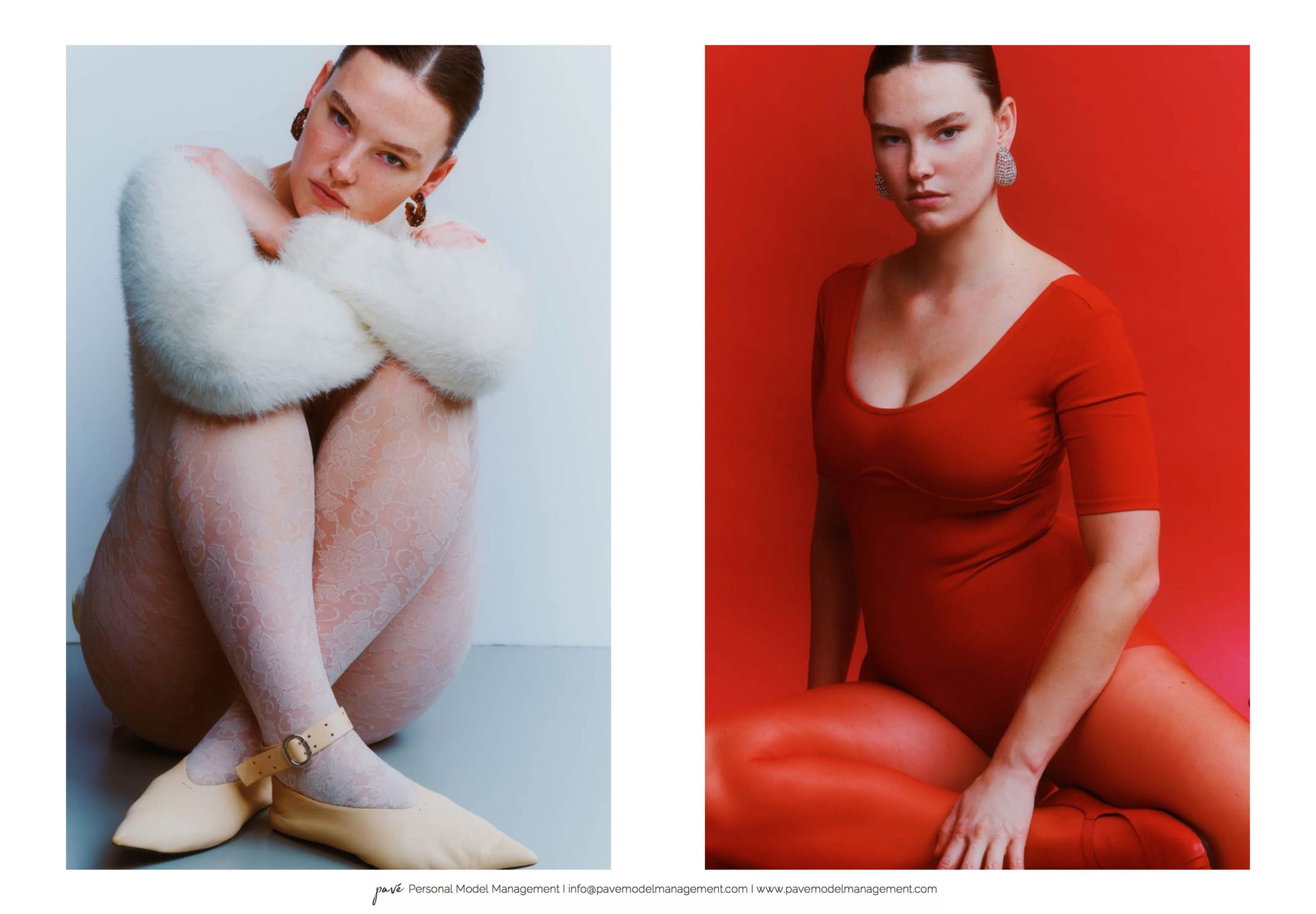 Two fashion shots of a model, one in white fuzzy clothes and patterned tights, the other in a red bodysuit and opaque red tights.