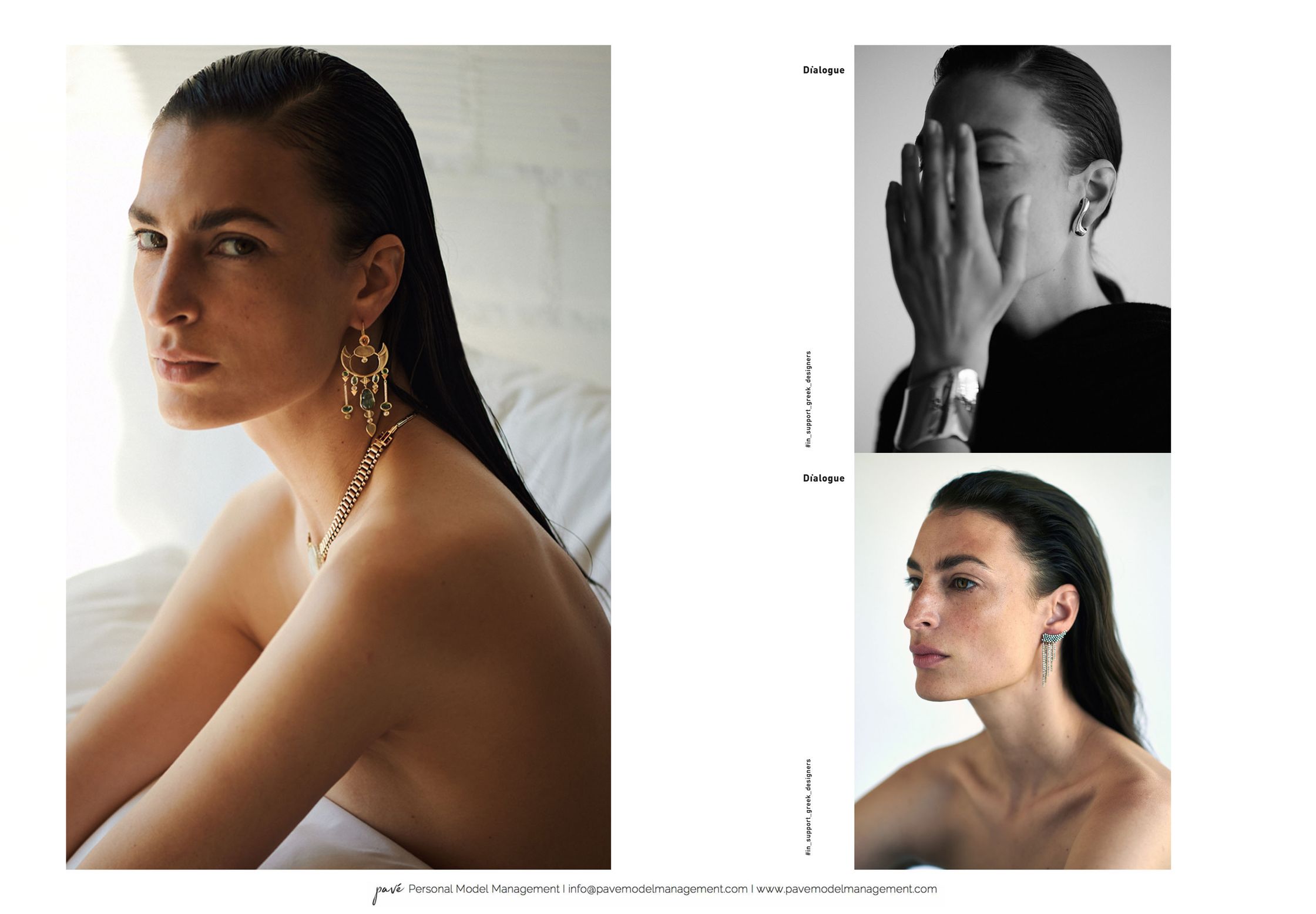 A three-panel layout featuring a woman modeling jewelry: a close-up, a black and white shot, and a profile.