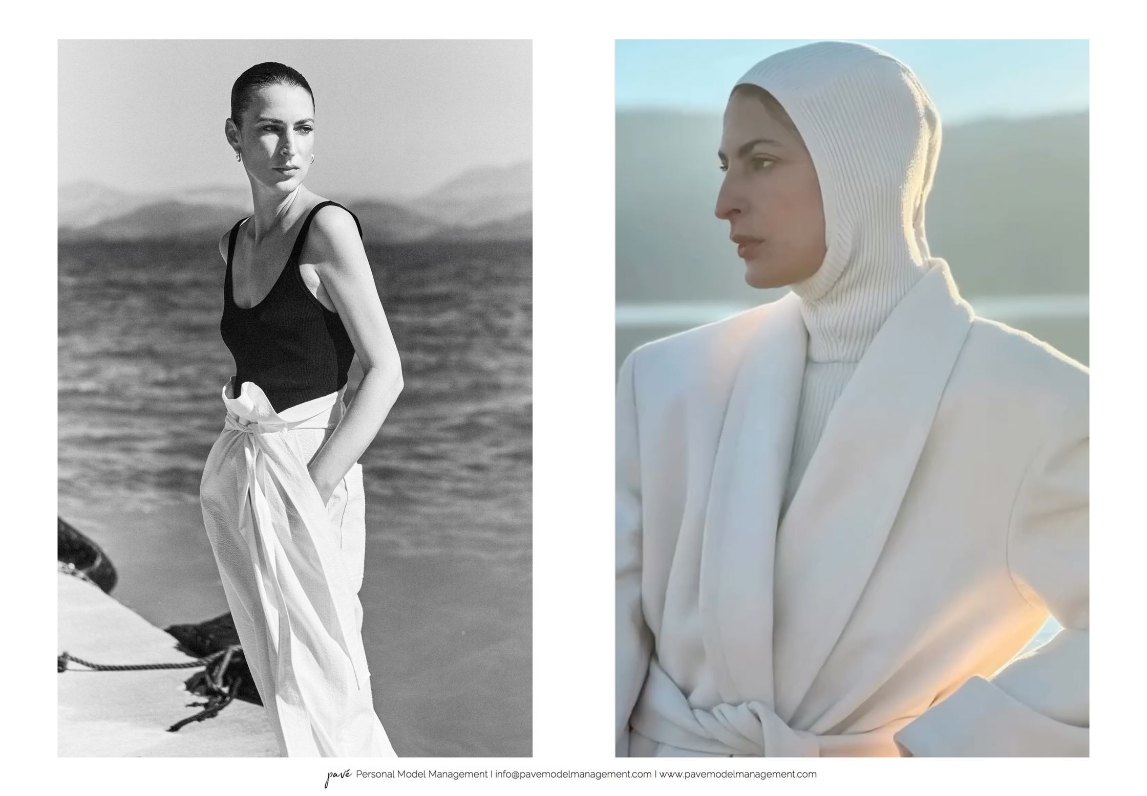 Two women, one in black and white wearing a tank top, and another in color wearing a white hood and coat.
