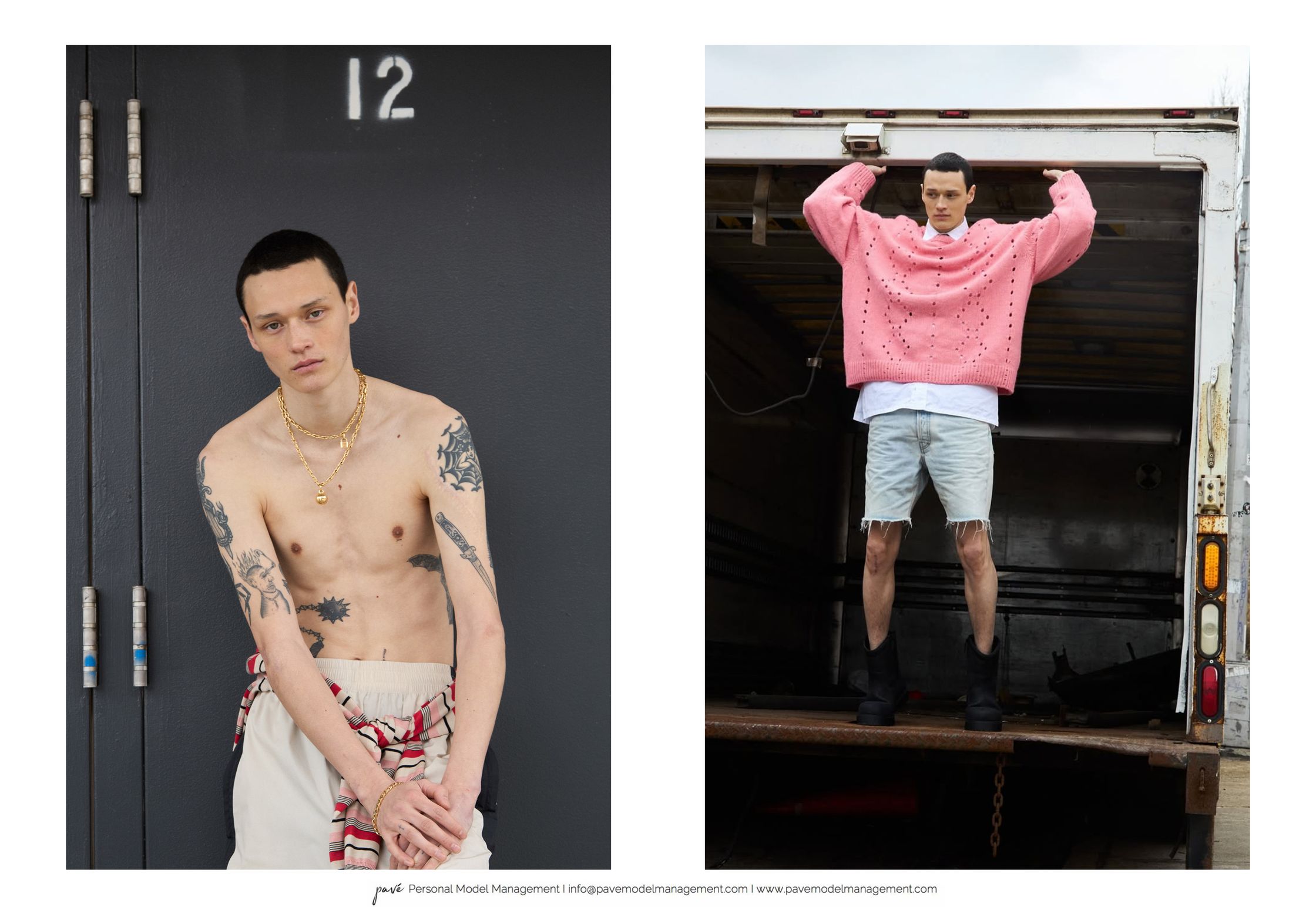 A model with tattoos wearing various outfits, including a pink sweater and denim shorts, in two different settings.
