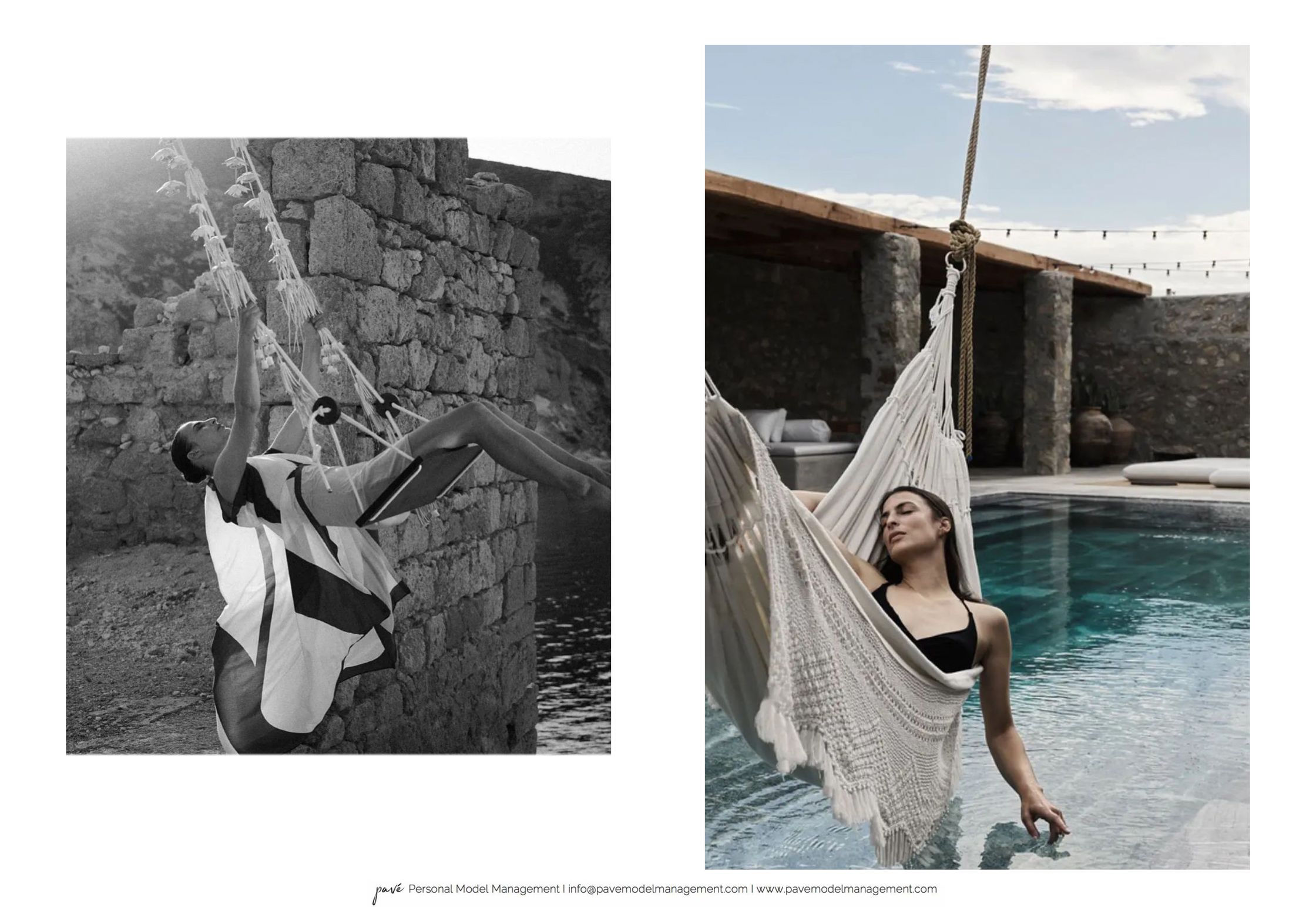 A split image features a woman swinging in a striped outfit on the left, and a woman relaxing in a hammock over a pool on the right.