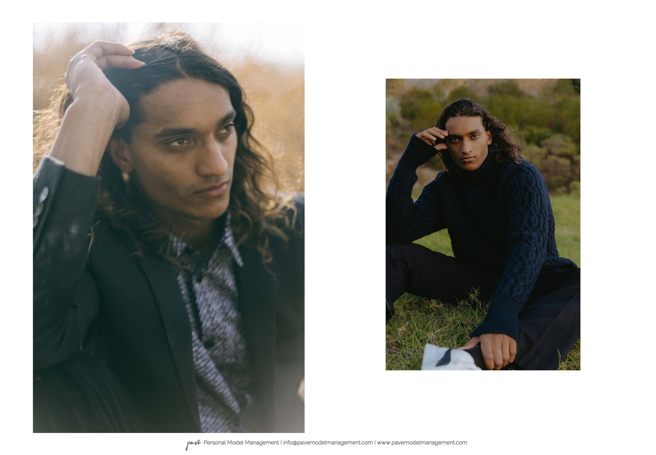 Two images of a man with long, dark curly hair posing outdoors, one in a suit jacket and the other in a navy turtleneck sweater.