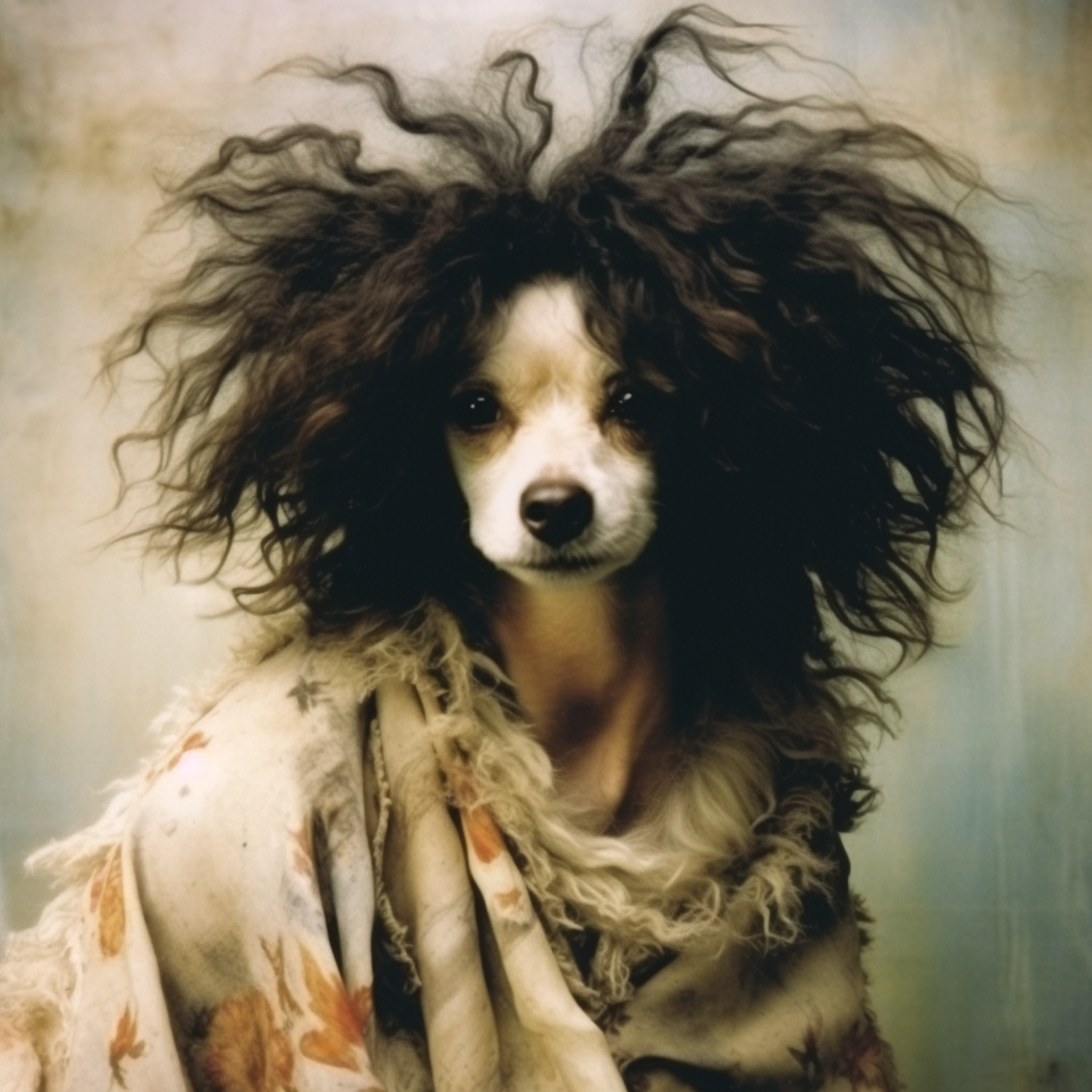 a dog with long hair wearing a scarf