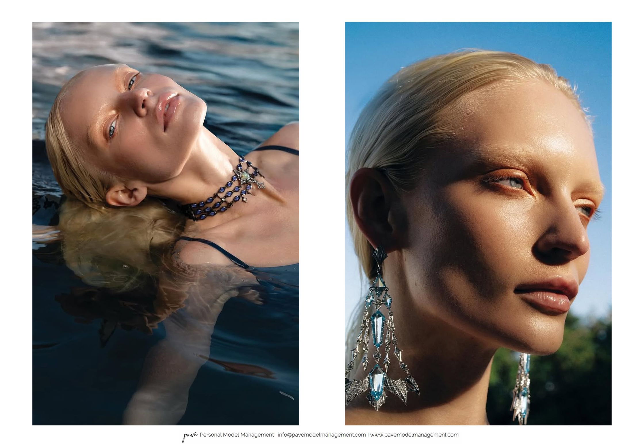 A pale blonde woman with red lips posed in water wearing a necklace and dangling earrings set against a blue sky.