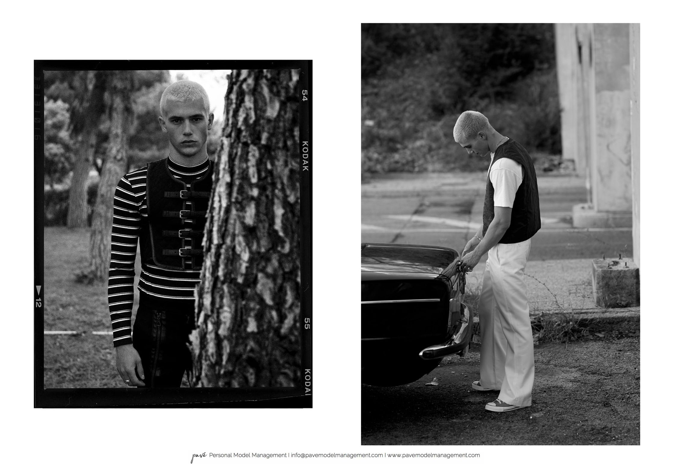 Black and white split image of a model wearing a striped shirt and vest, first peeking from behind a tree, then bending over a black car.