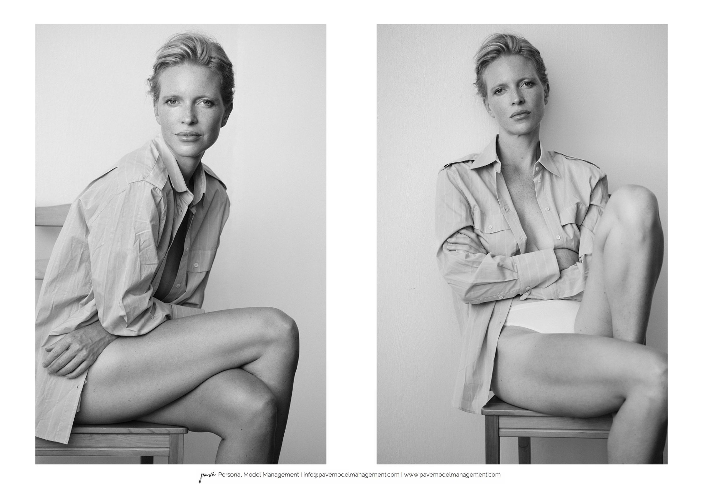 Two black and white photos of a woman sitting on a chair, wearing an unbuttoned shirt.