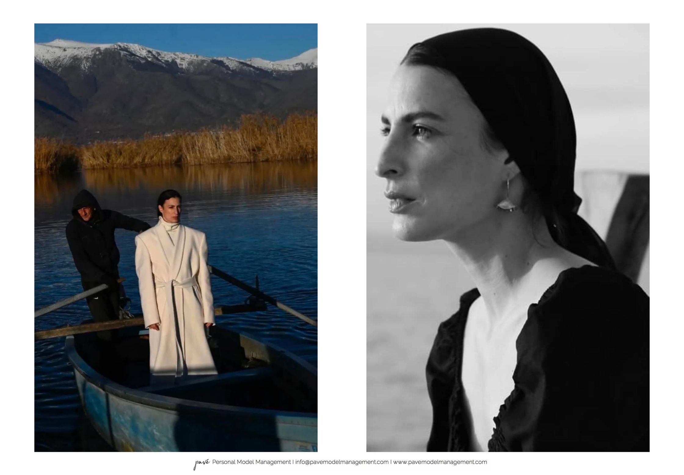 A two-panel image features a colorful shot of a woman in a boat on a lake and a black and white profile of a woman with a head covering.