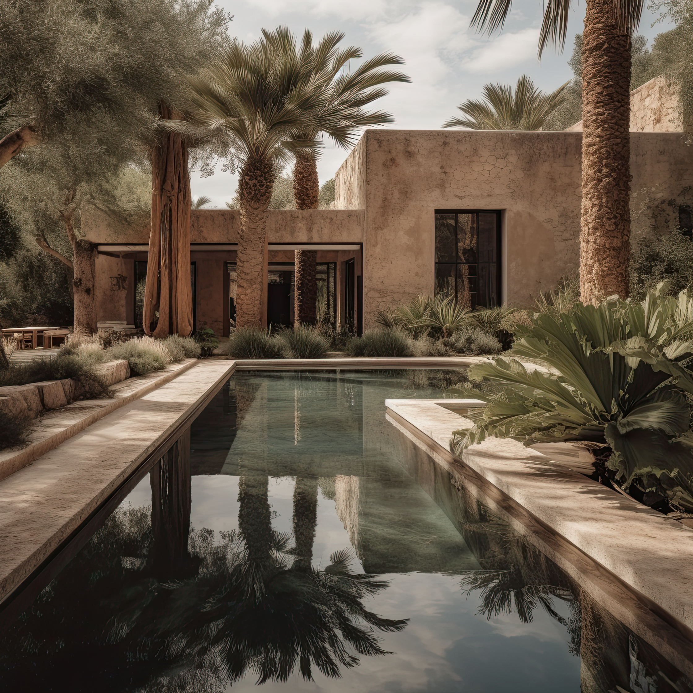 a house with a pool surrounded by palm trees