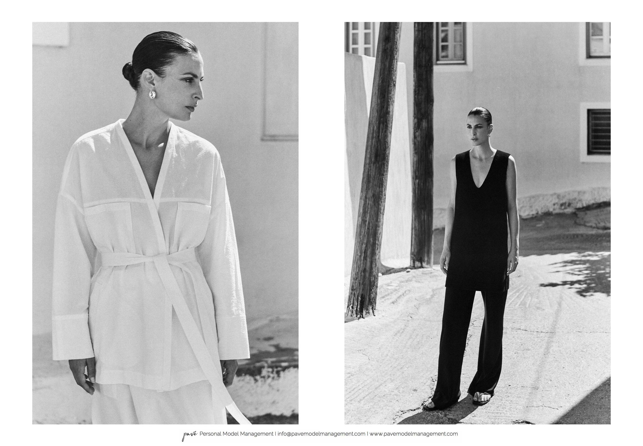 A black and white image split into two frames, showing a model in a white belted jacket in the left frame and the same model in a black top and pants in the right frame.