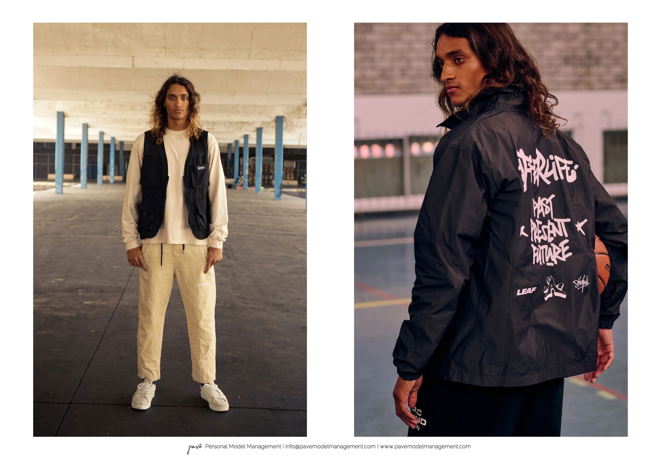 A man with long hair modeling two different outfits, with one image showing him from the front and the other from behind, both in athletic settings.
