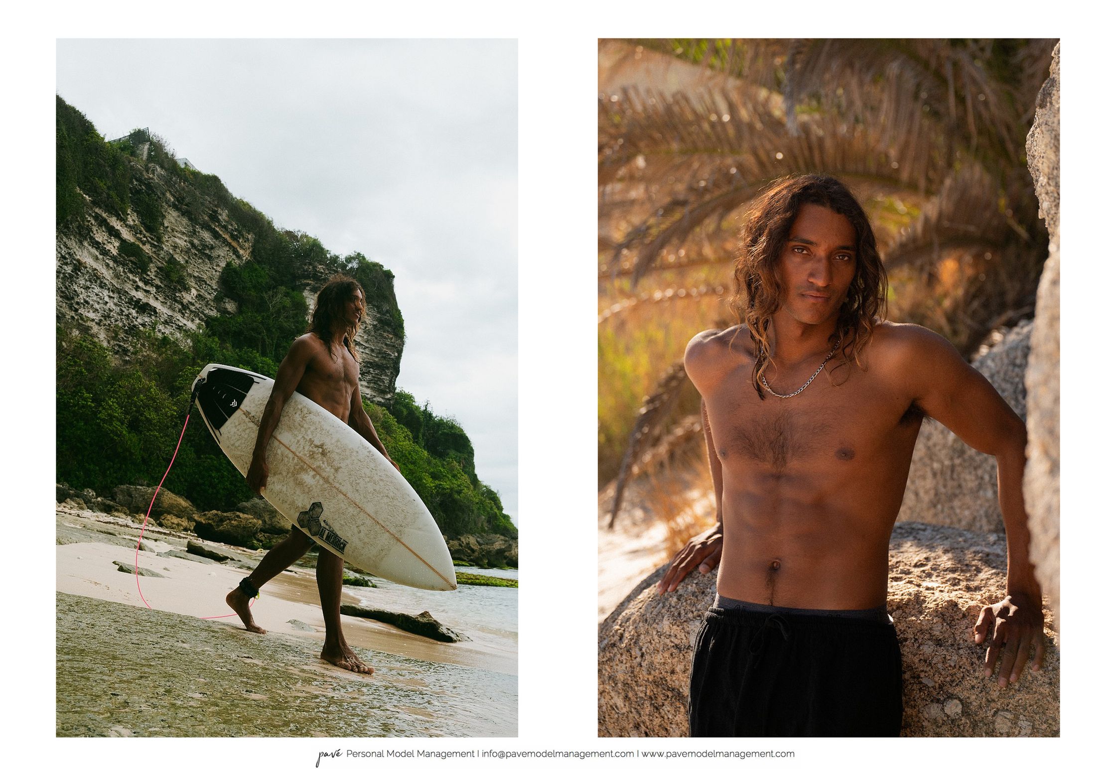 Two images of a man with long, wavy brown hair: one shirtless, carrying a surfboard on a rocky beach, and the other also shirtless, leaning against a large rock with palm trees in the background.