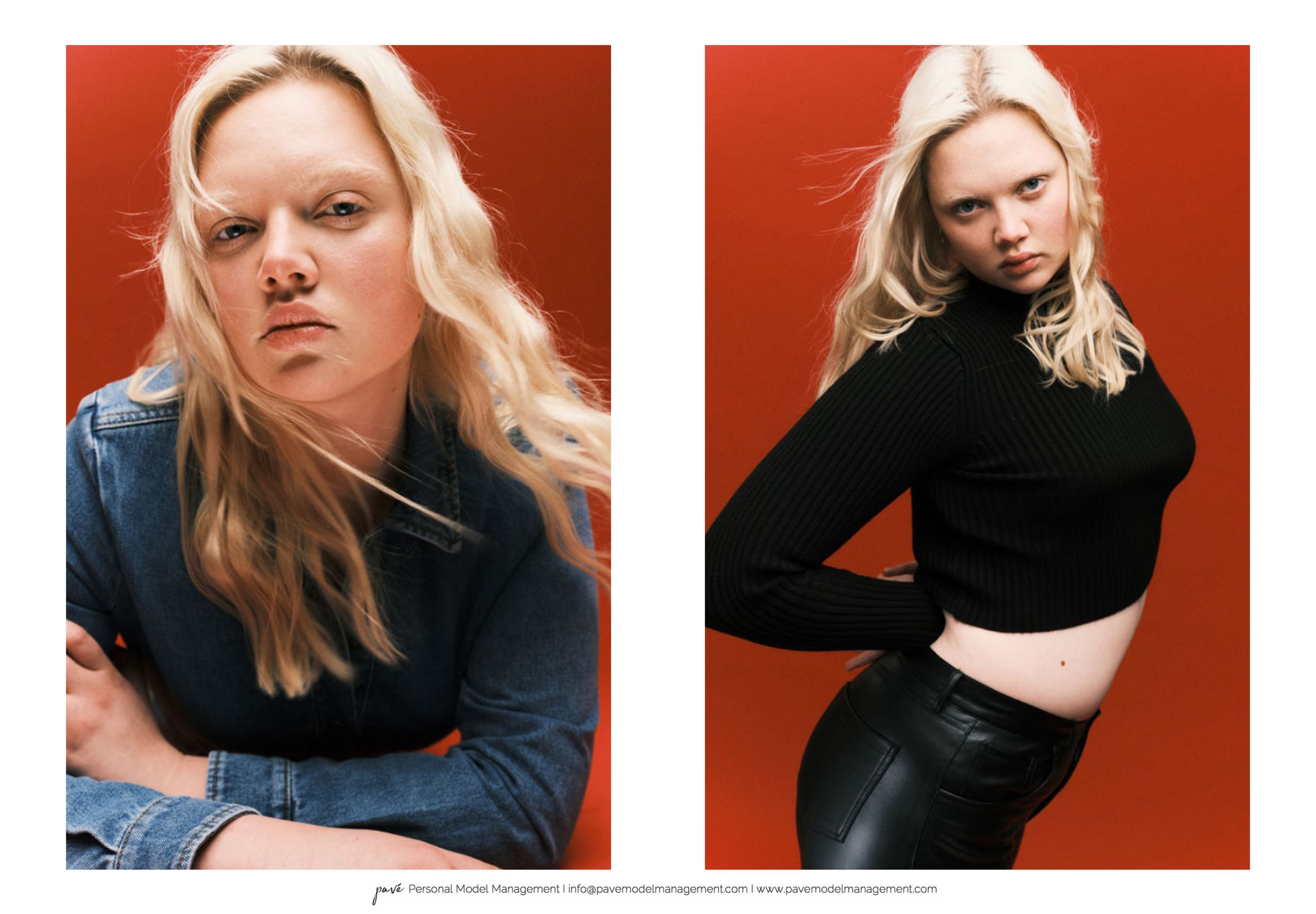 Two side-by-side images of a serious-looking blonde woman with a red background, first in a denim jacket and then in a black top and leather pants.