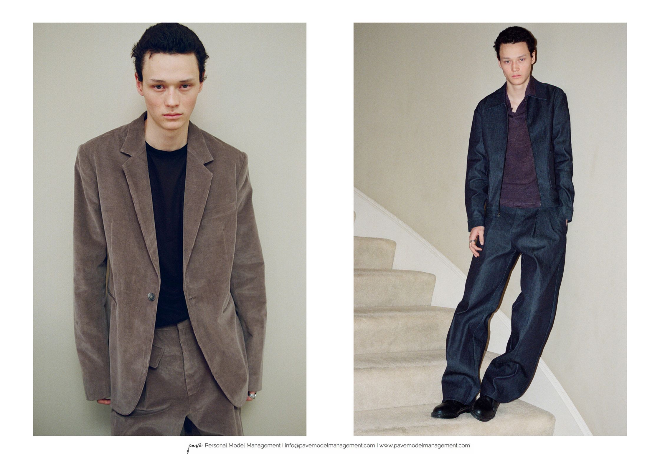 A young man models two different outfits: a brown corduroy suit with a black shirt, and a dark blue denim suit with a purple shirt.