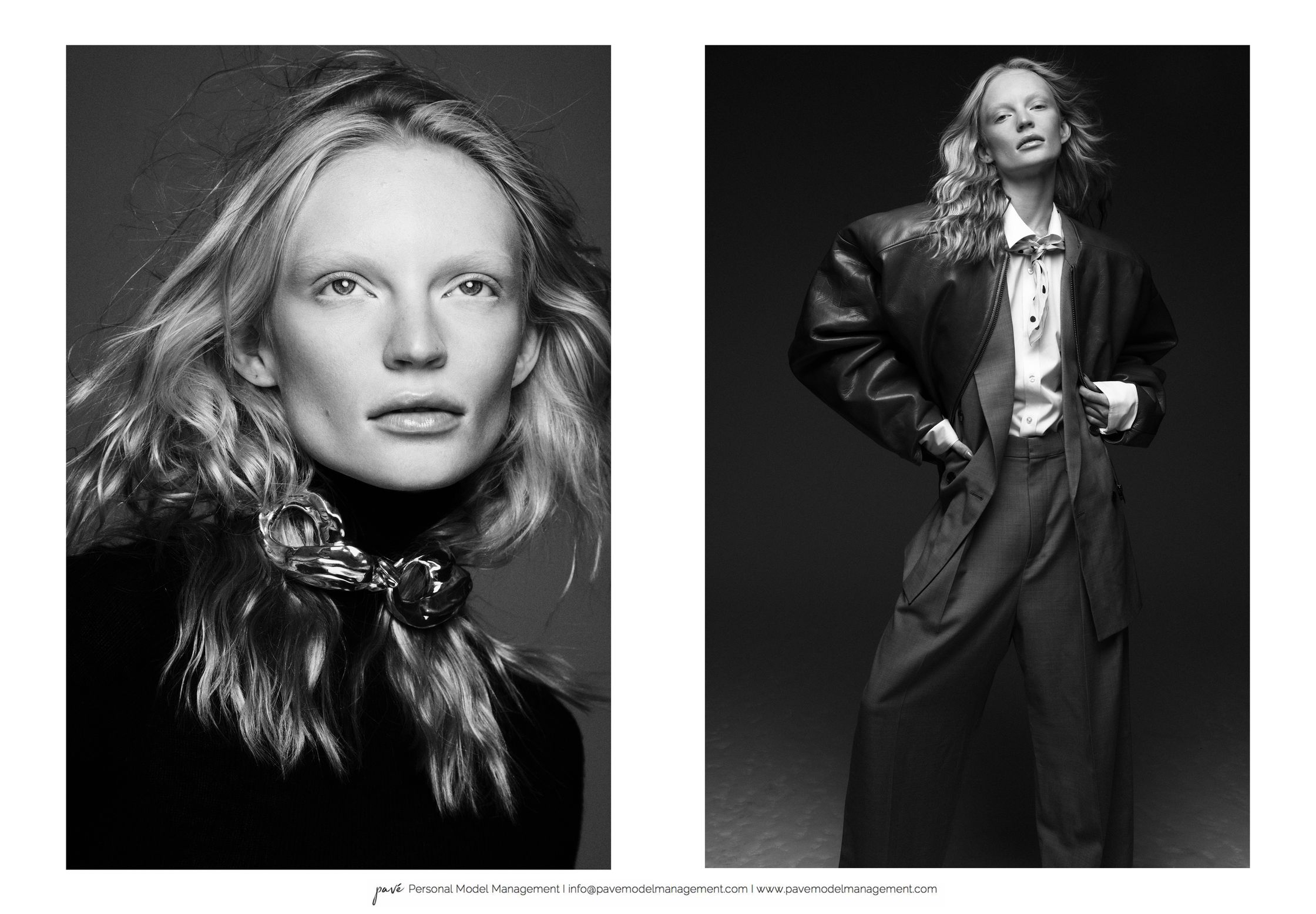 Two black and white fashion shots of a female model with long wavy hair, one close-up, the other full body.