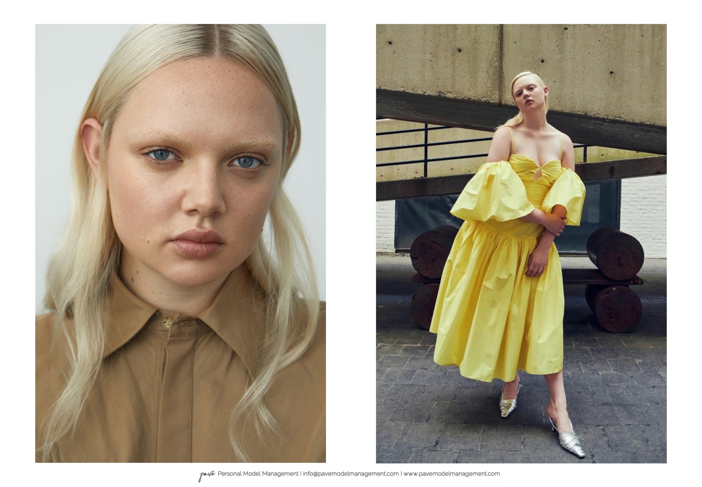 Two split images show a woman with blonde hair, one a close-up headshot and the other a full body shot in a yellow dress.