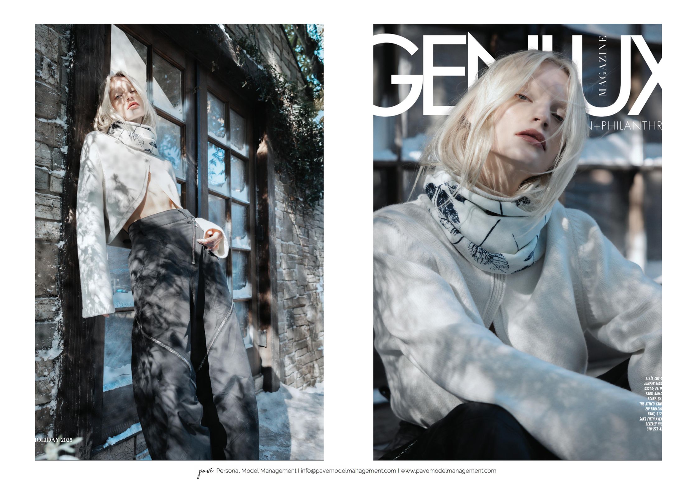 A two-panel image shows a blonde model in a white cropped top, dark pants, and a patterned scarf, appearing on a magazine cover and in a photo shoot.
