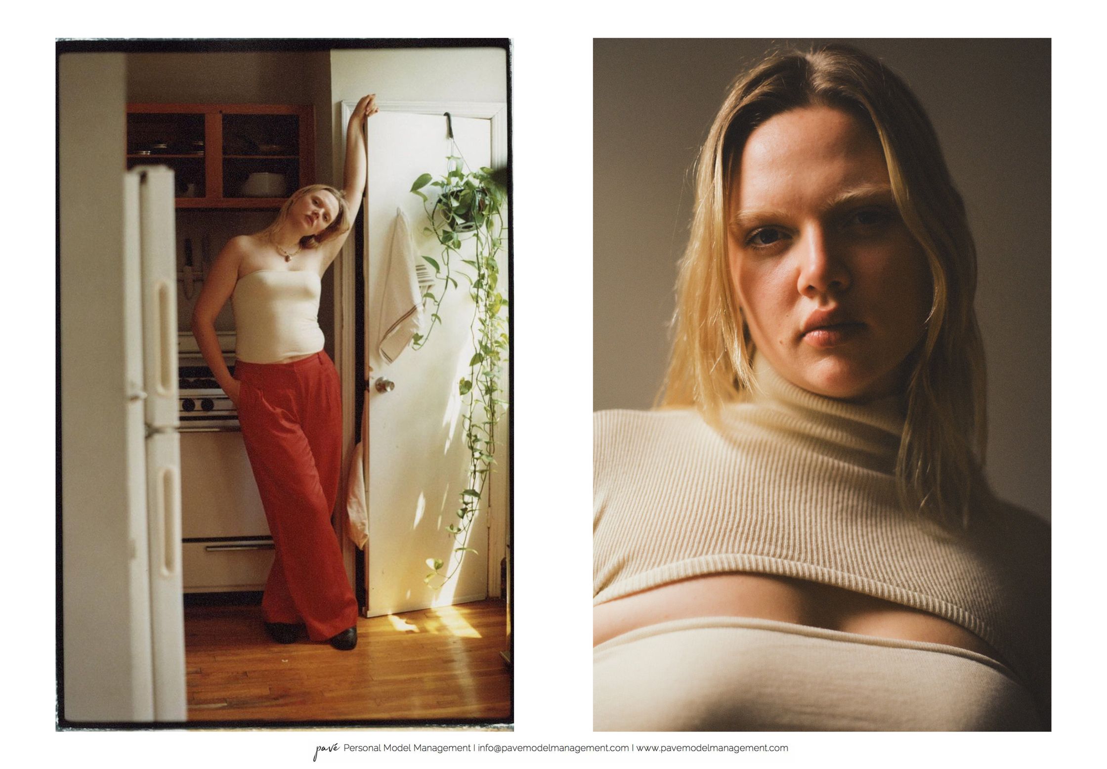 A diptych showing a blonde woman in a kitchen and a close-up of her face.