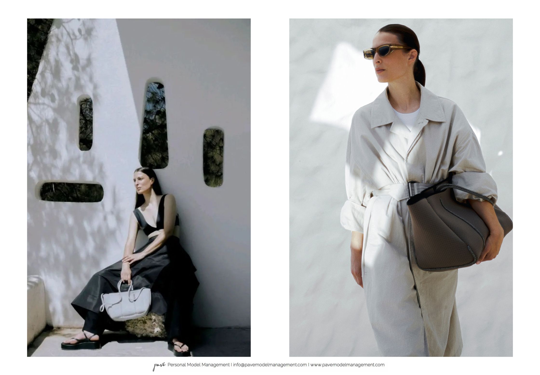 A woman in black outfit holding a white purse, and another woman in a trench coat holding a brown purse.