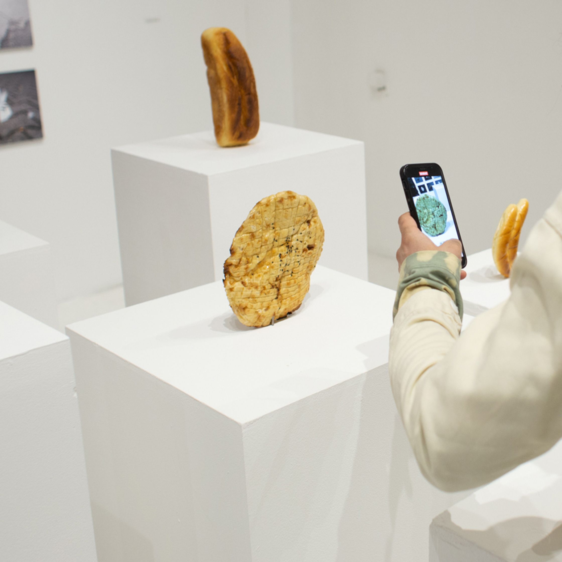 A person takes a photo of bread-shaped sculptures displayed on white pedestals in an art gallery.