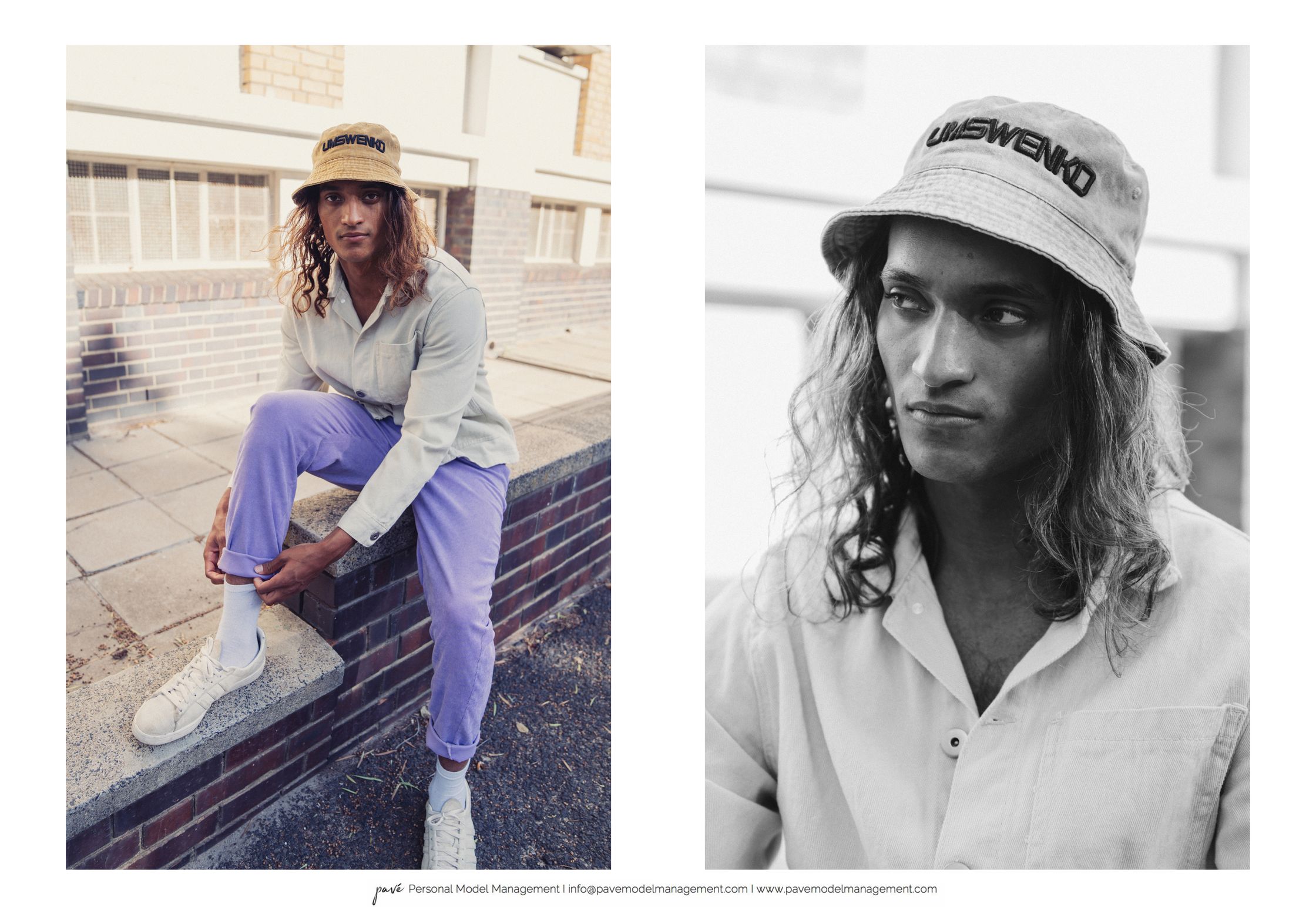 A man with long curly hair wearing a bucket hat, light shirt, and purple pants sits on a brick wall in an outdoor shot and a black and white close-up.