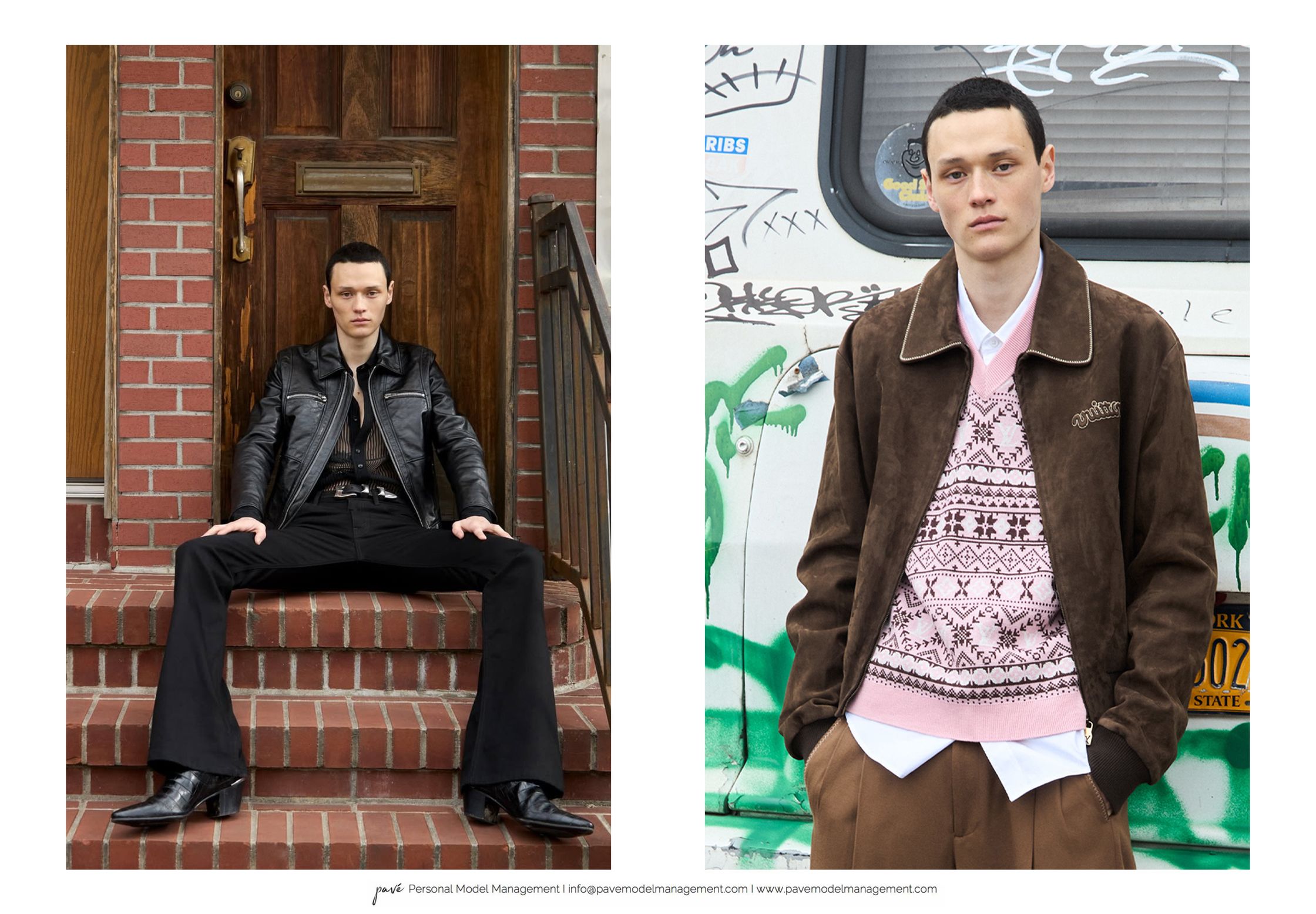 A two-panel image showcases a male model in two different outfits, one with a leather jacket and black flared pants, and the other with a brown jacket over a pink patterned vest.