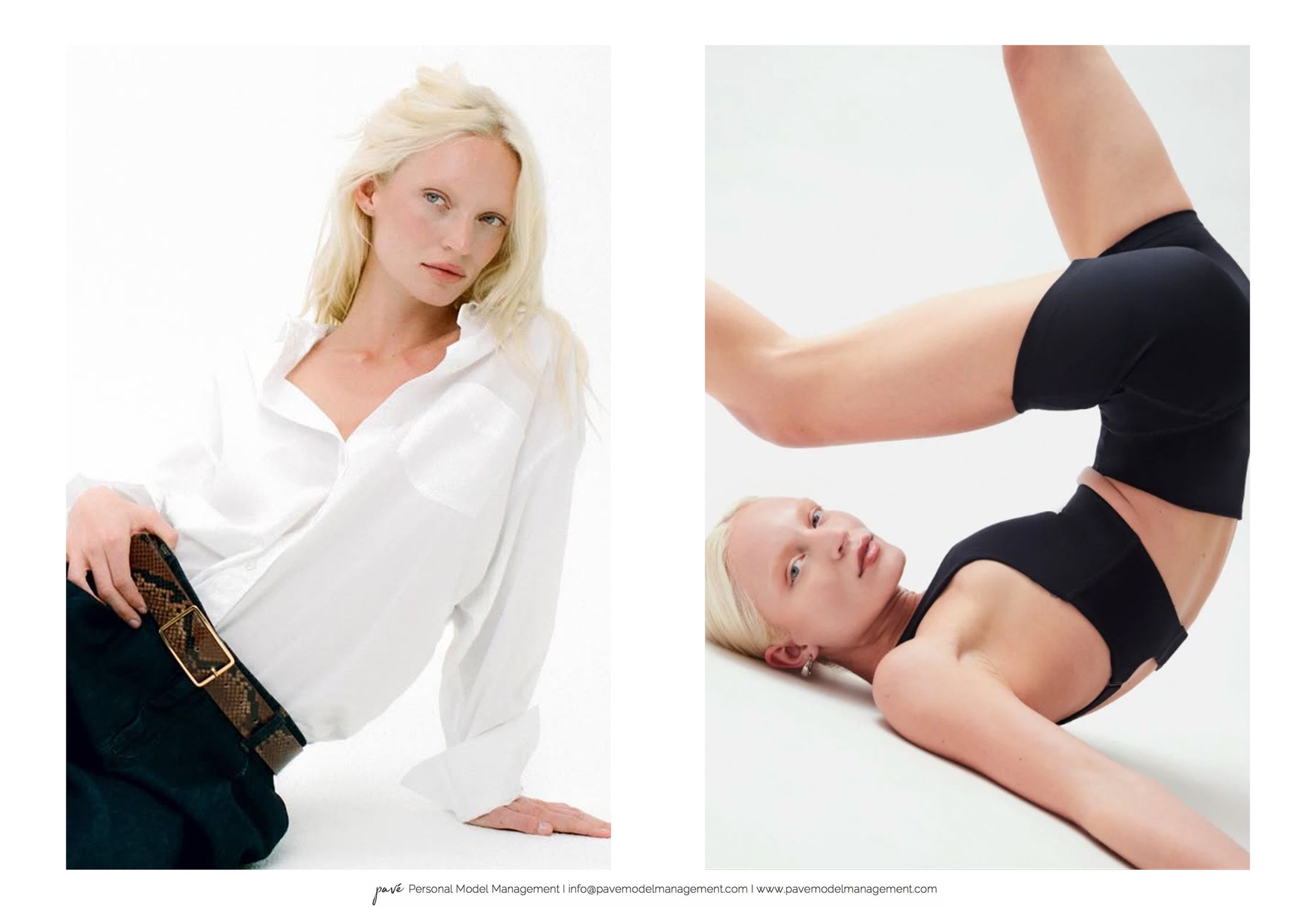 A bleached blonde model in two different poses: one wearing a white shirt and snakeskin belt, the other in a black sports bra and shorts with legs raised.