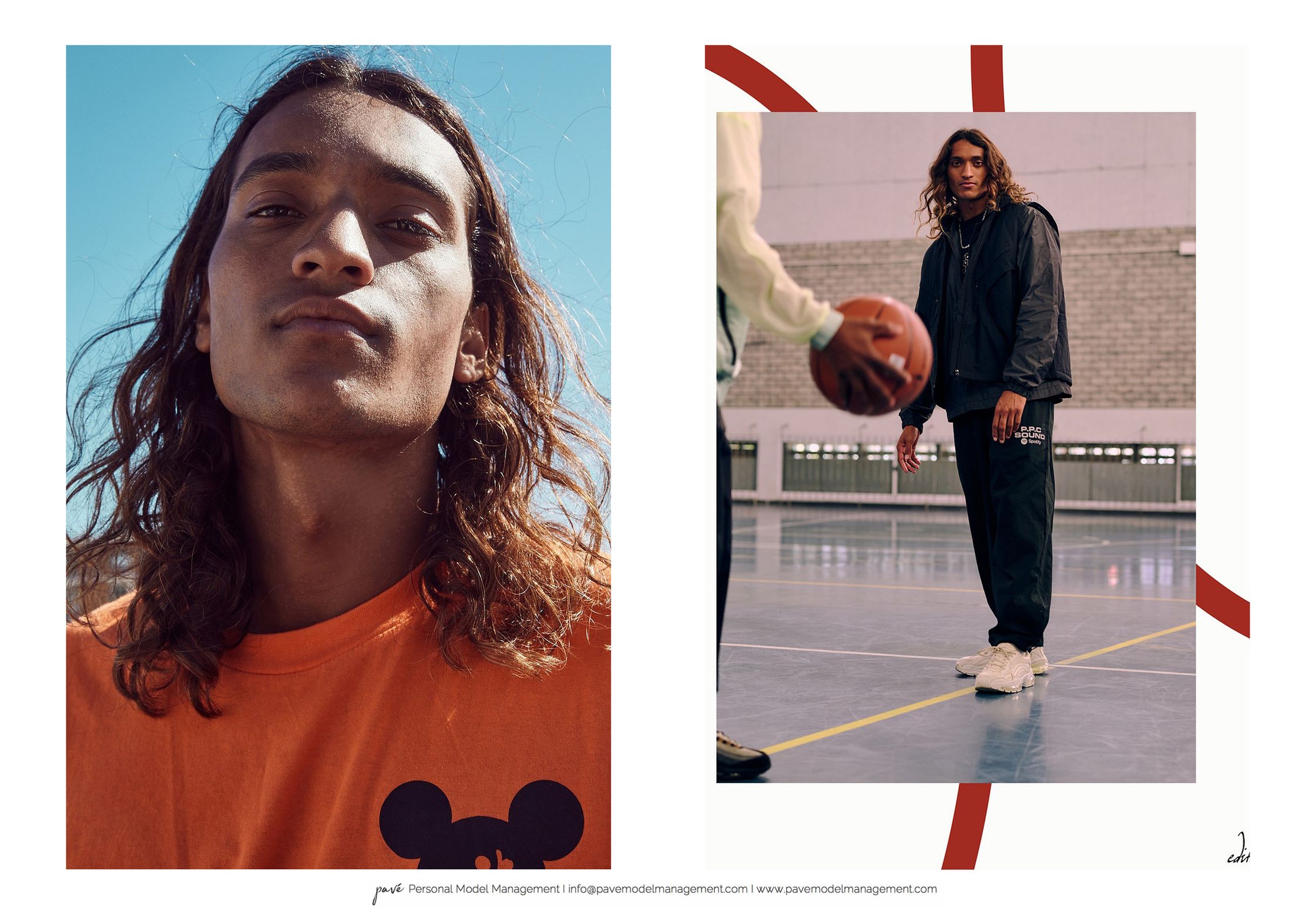 A split image shows a man with long hair looking at the camera, then in a basketball court interacting with another player.