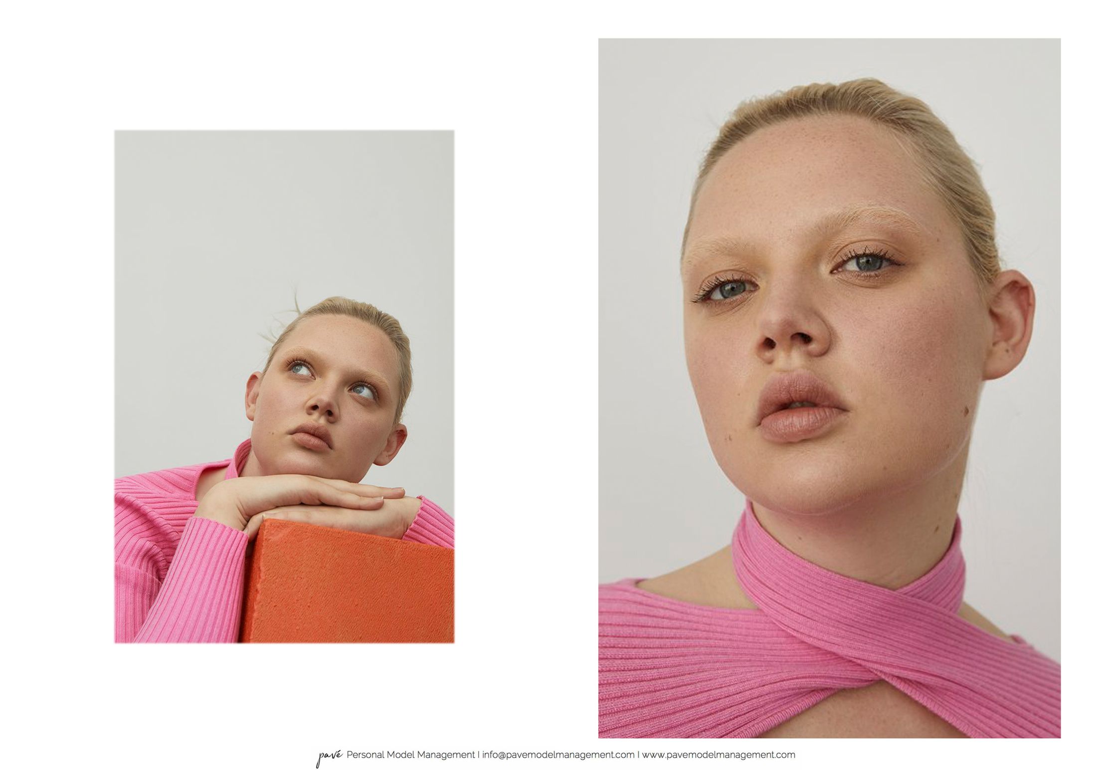 Two portraits of a young woman with blonde hair and bleached eyebrows in a pink top.