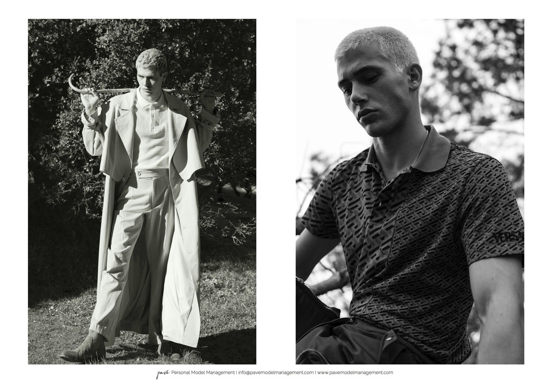 A man with short hair models different outfits in separate black and white outdoor portraits.