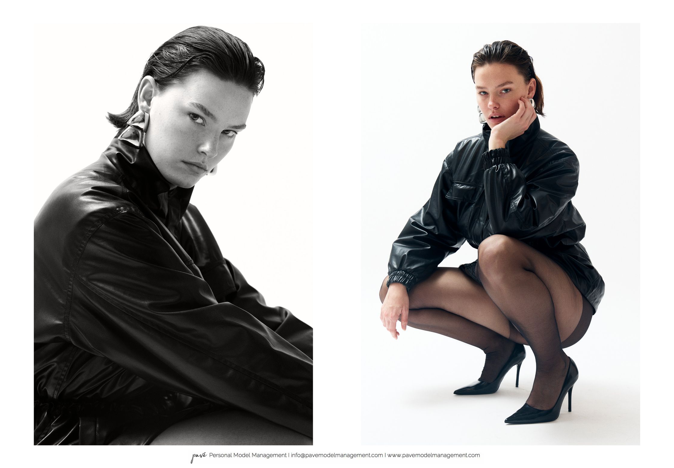 A woman with wet-look hair in a black leather jacket poses for a split-panel photo.