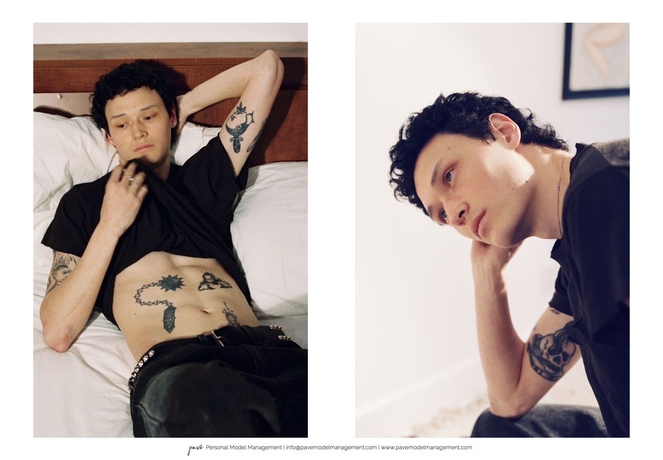 A two-panel image shows a person with dark curly hair and tattoos: on the left, they lie on their back, holding a black shirt up to expose their torso; on the right, they lean forward, propping their head on their hand.