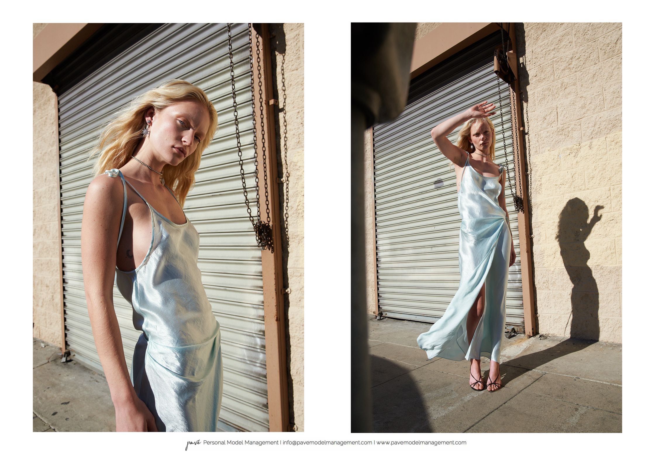 A two-panel image of a blonde woman in a light blue satin dress posing against a corrugated metal wall.