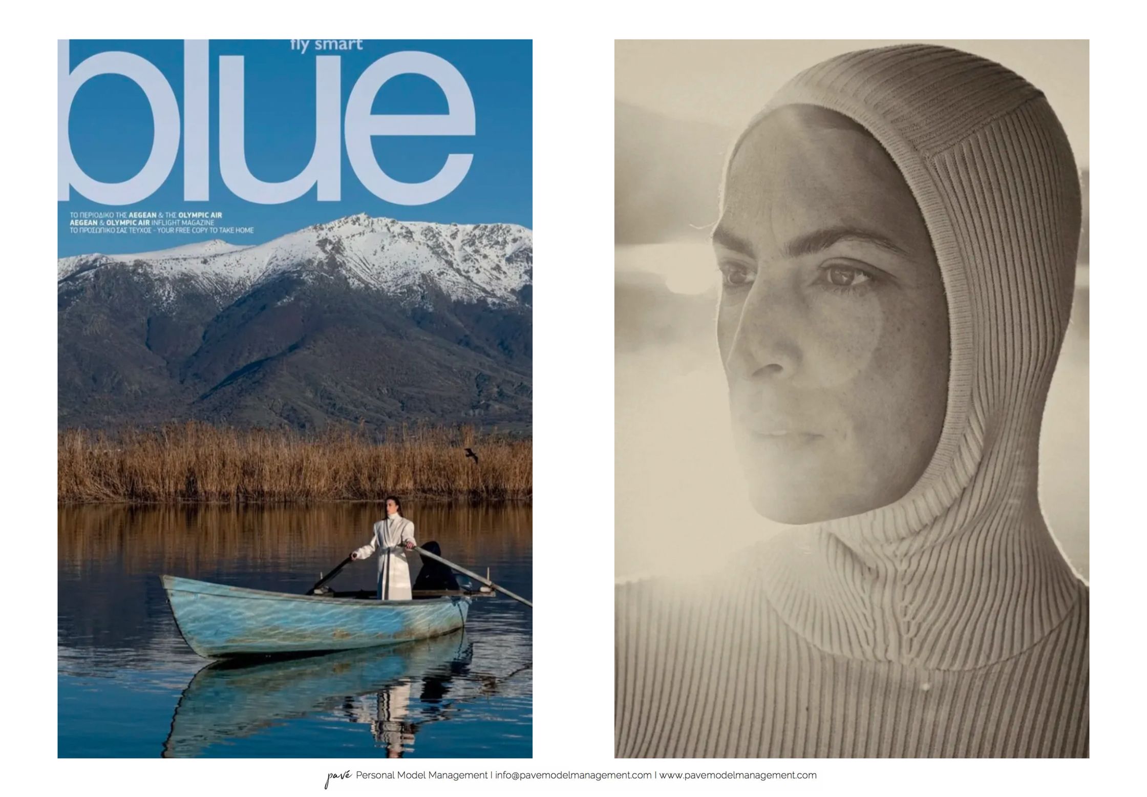 A split image shows a man rowing a boat on a lake in front of snowy mountains, and a black and white close-up of a woman's face wearing a ribbed hood.