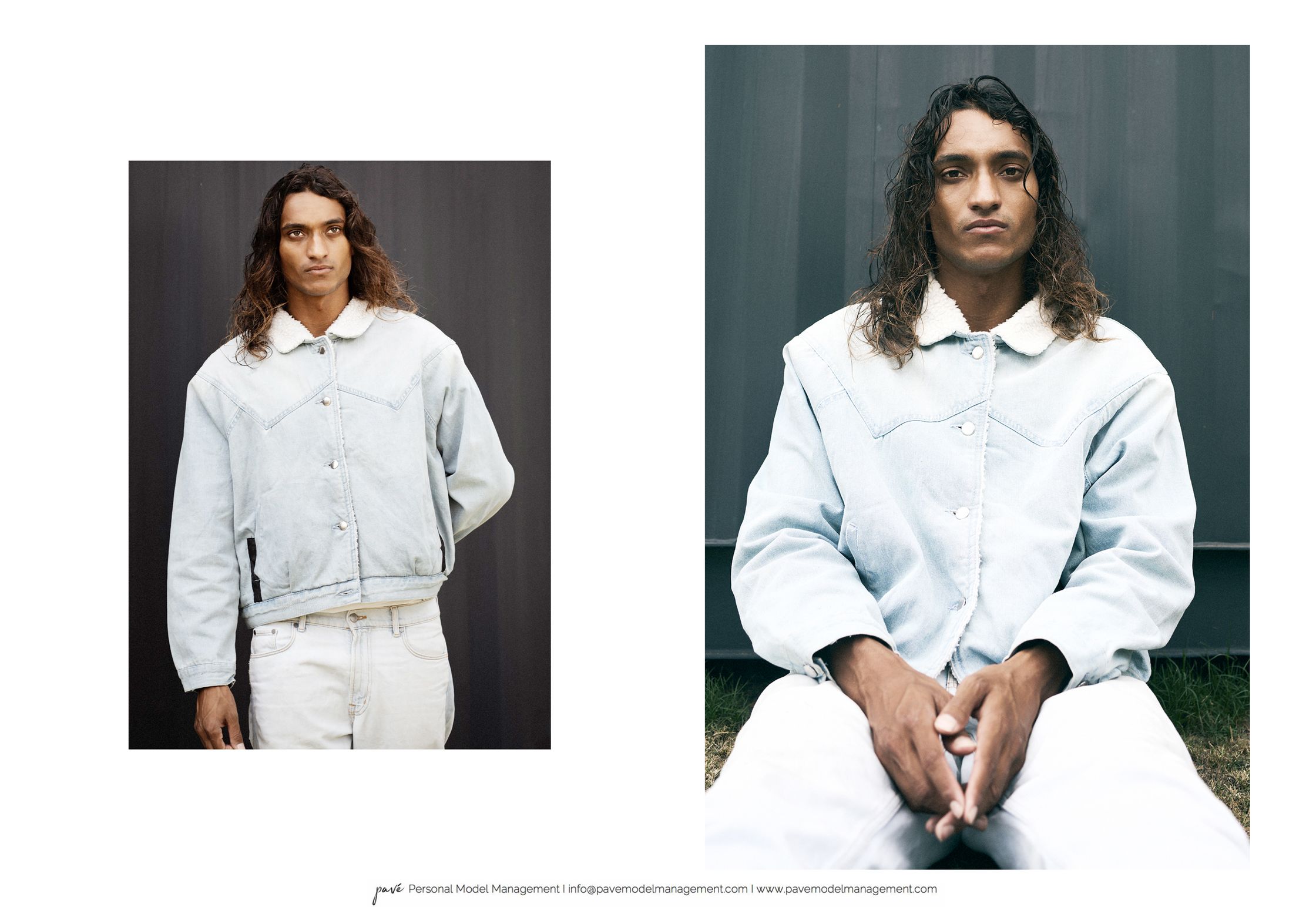 A male model with long curly hair in a light-wash denim jacket with an off-white faux wool collar.