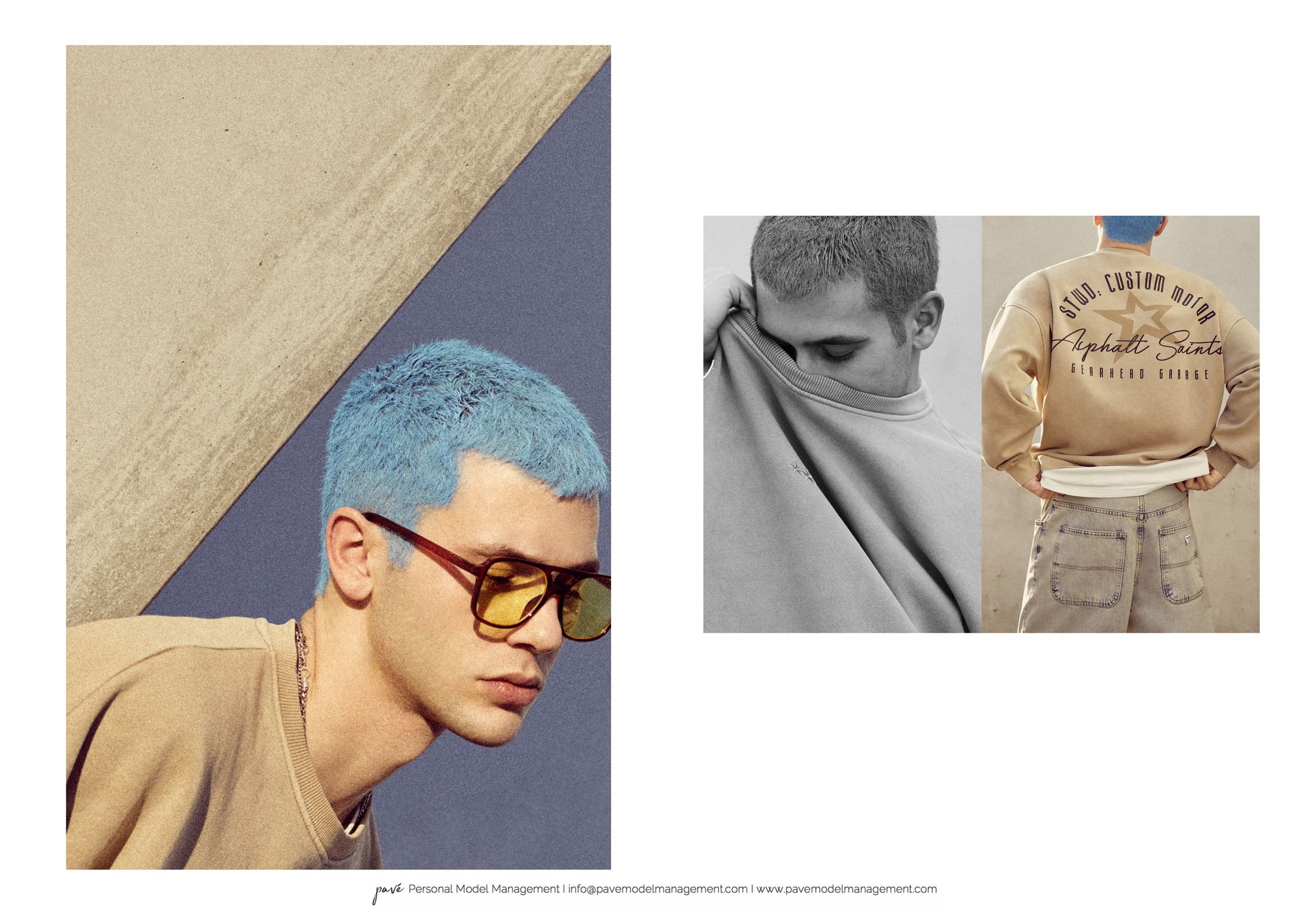 A man with sky blue hair, yellow sunglasses, and a beige sweater looks to the side on a blue and beige background, with two smaller images showing him adjusting his sweater and his back.