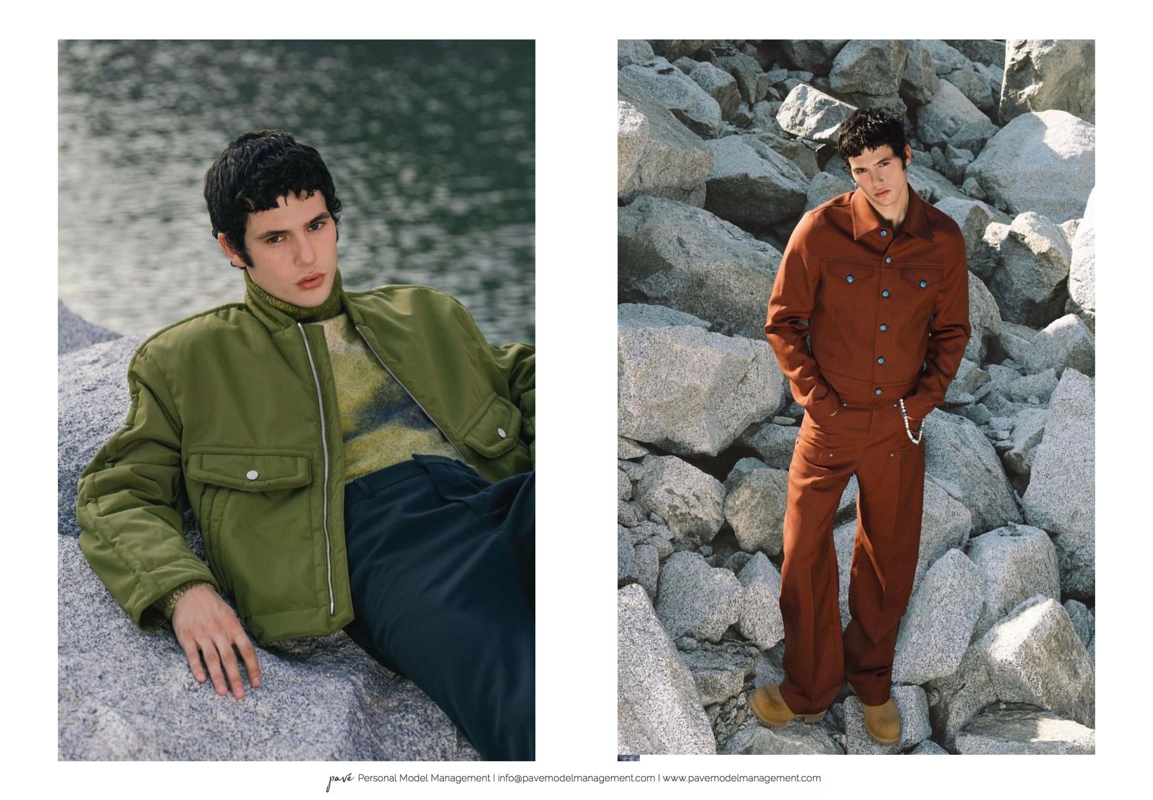 Two side-by-side fashion photos of a person with dark hair, one in green and the other in brown, posing outdoors among rocks.