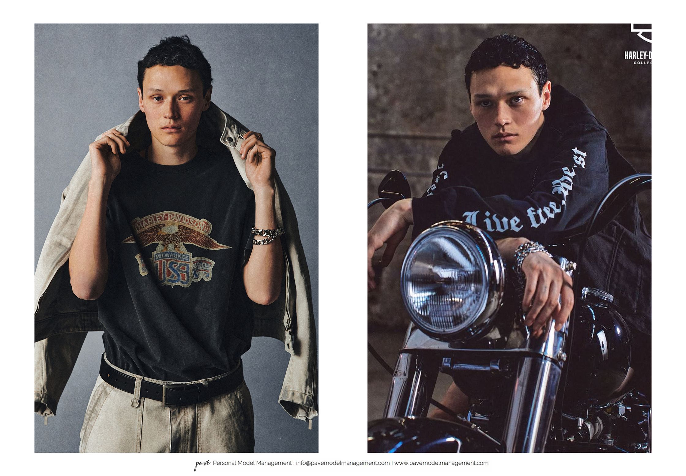 A young man modeling Harley Davidson clothing in two different poses.