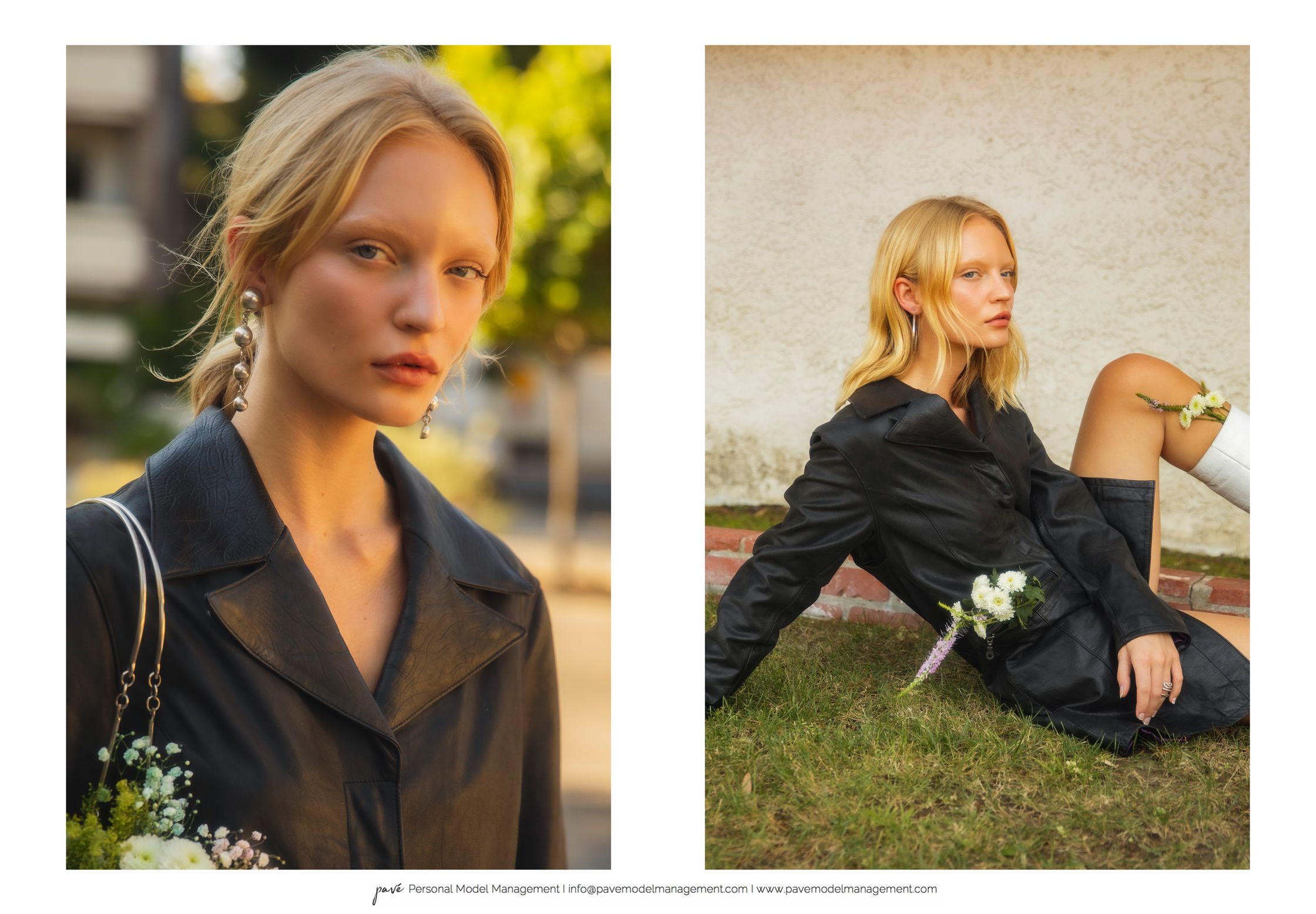 Two fashion photos of a blonde woman in a black leather jacket with flowers.