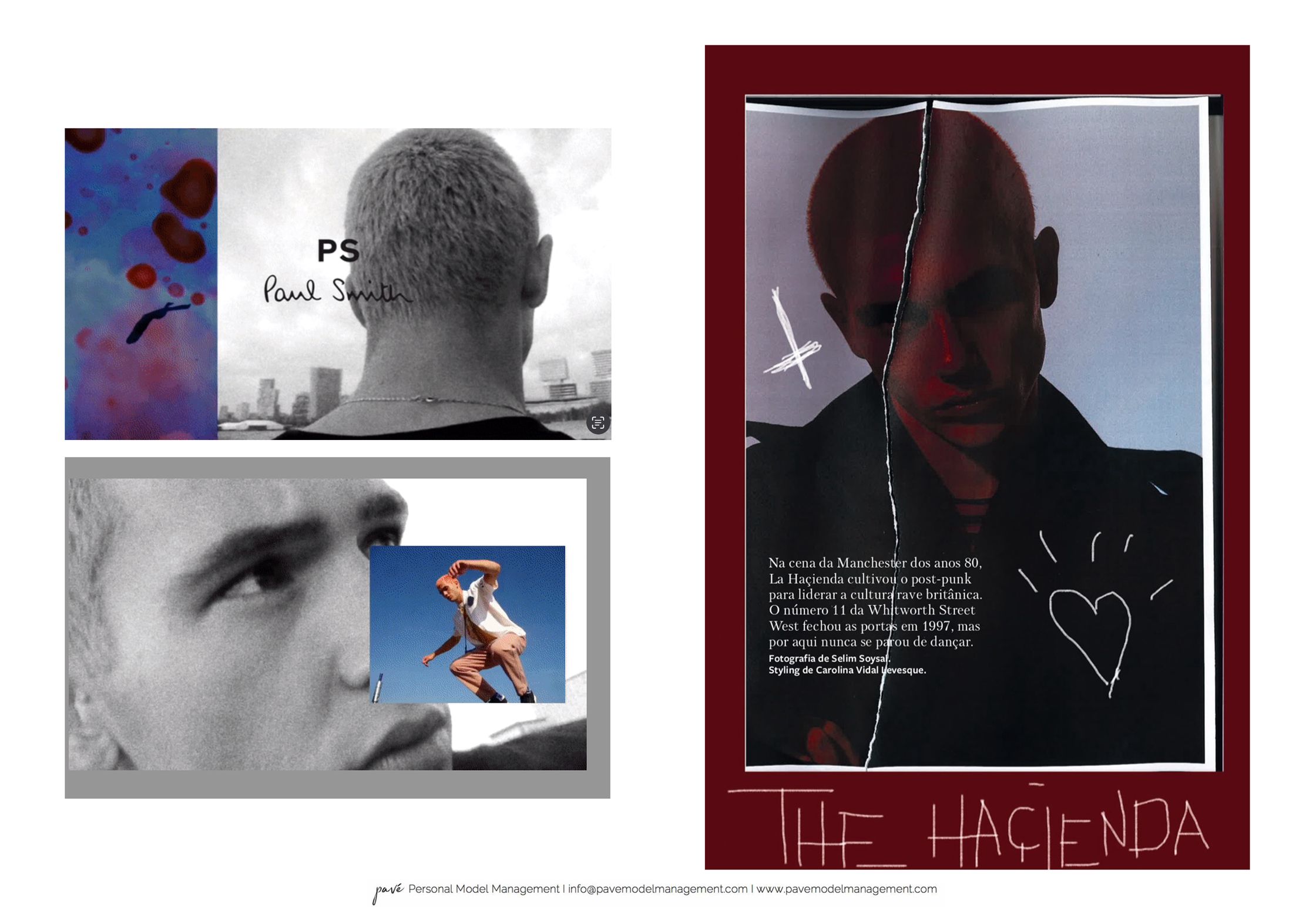 A collage of fashion magazine pages featuring a male model, including a Paul Smith ad and a spread about The Hacienda.