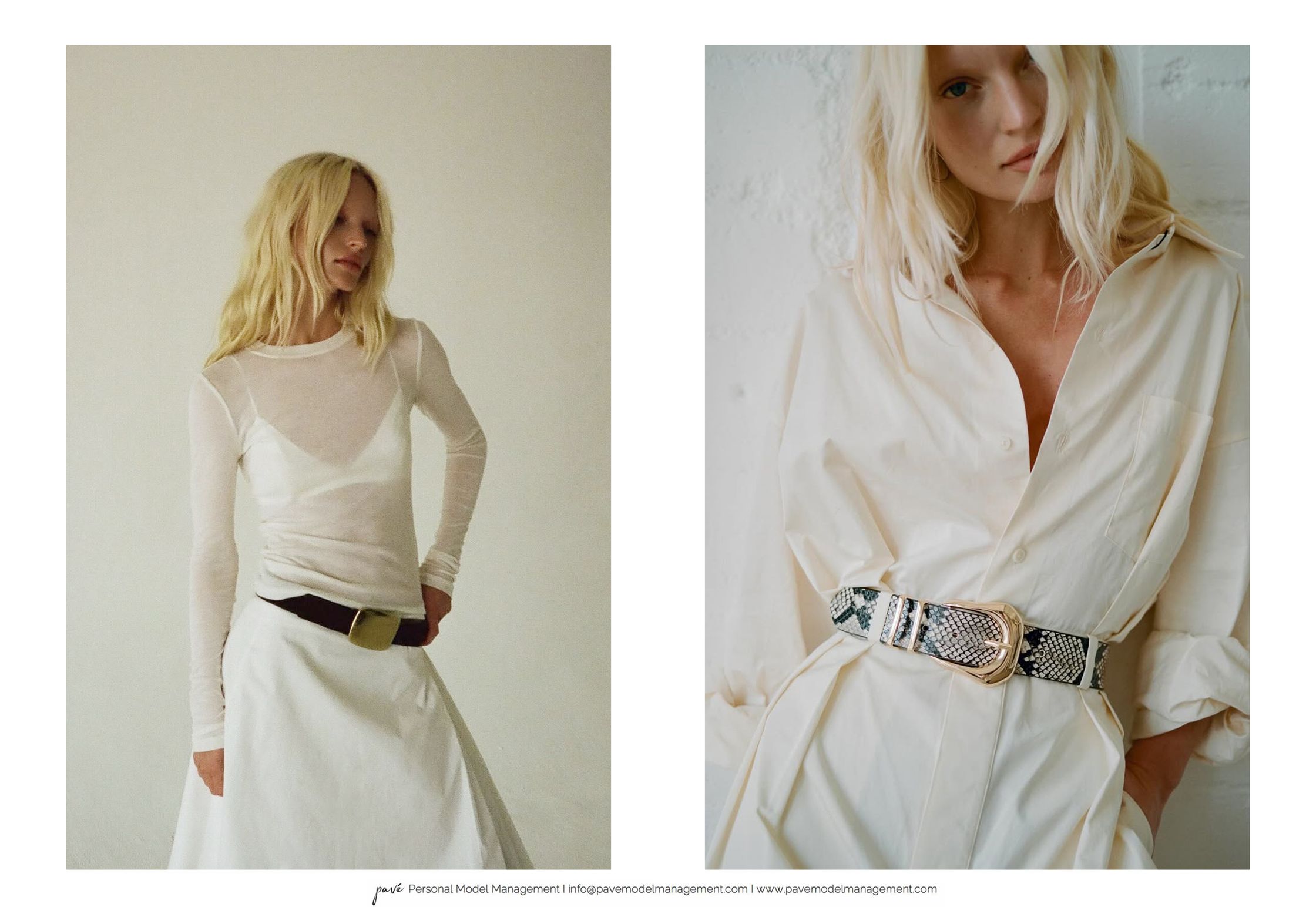 Two blond models wear white tops and skirts with stylish belts, one in a full shot and the other in a close-up.