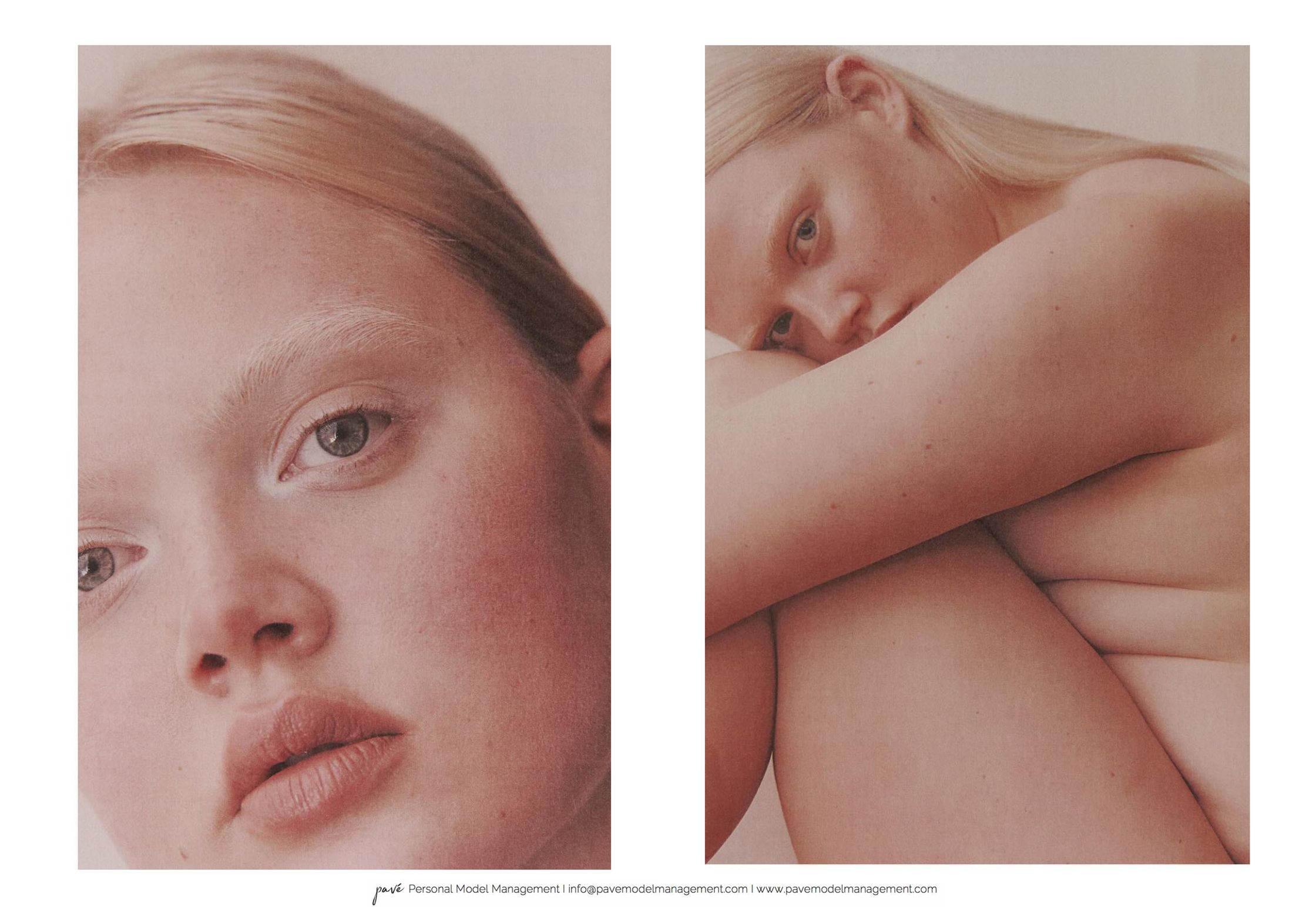 A diptych showing a fair-skinned woman with blonde hair, on the left her face in a close-up, and on the right her body embracing herself.