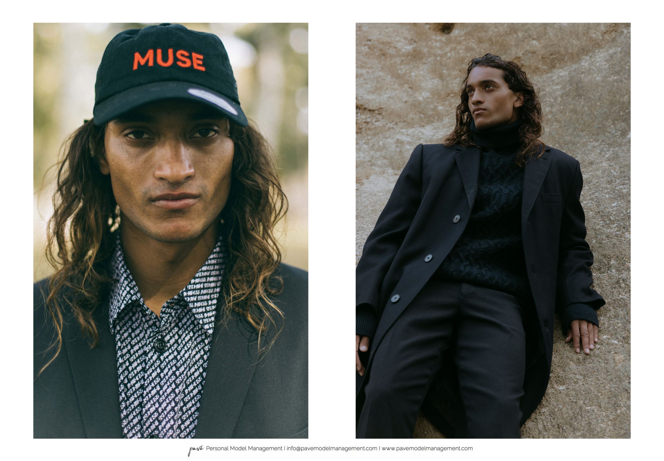 A man with long curly hair and a black “MUSE” baseball cap poses, and in a separate image, he wears a black coat and turtleneck.