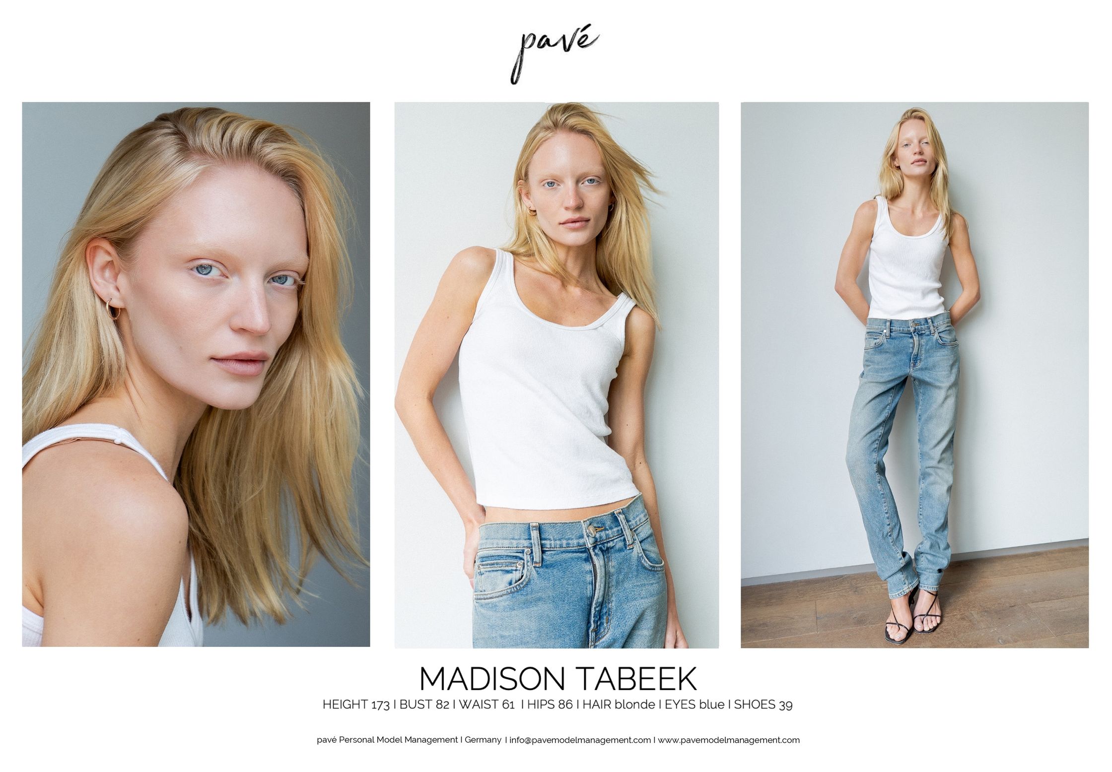 A blonde female model wearing a white tank top and blue jeans in three studio shots.