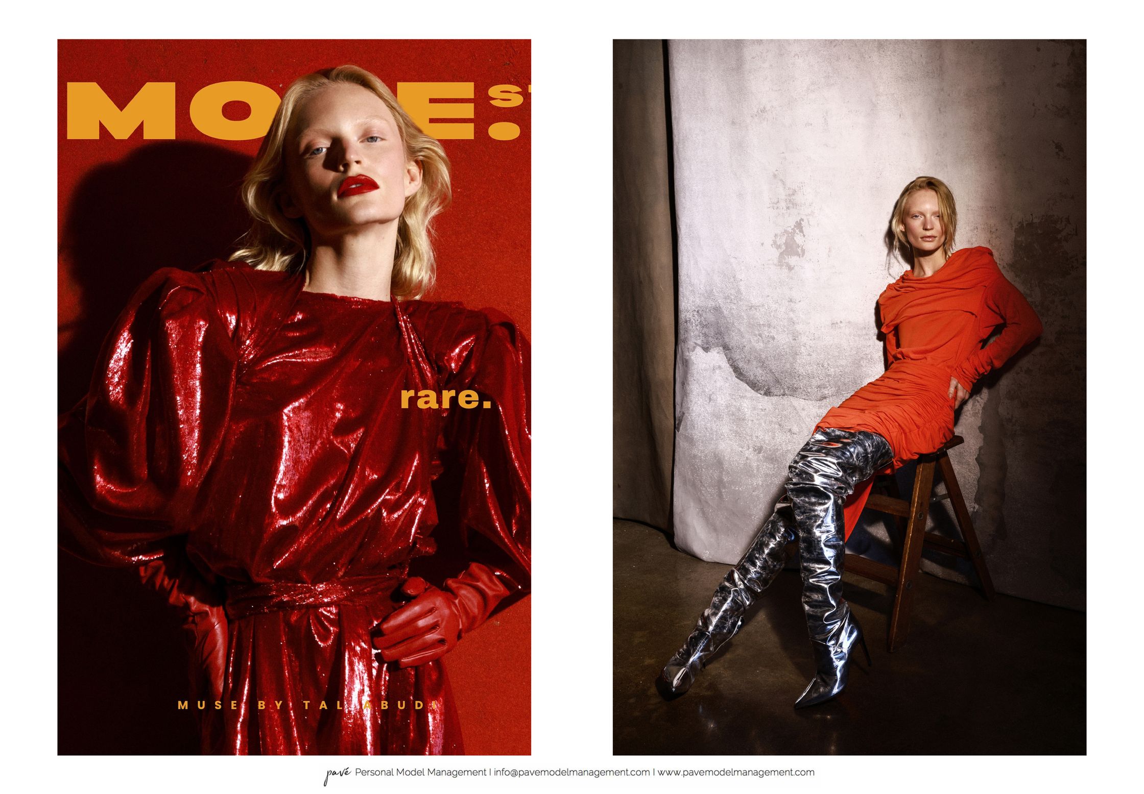Two images of a blonde woman modeling clothes; the left woman wears a shiny red dress and red gloves, while the right woman dons an orange dress and shiny silver thigh-high boots.