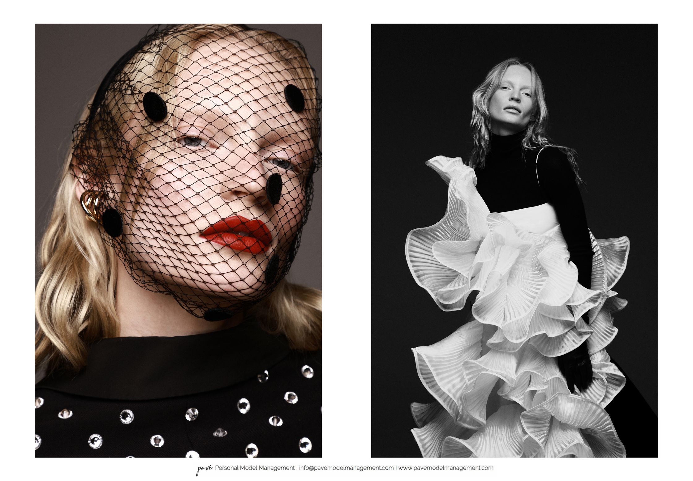 A split image showing a woman in a black fishnet veil with red lipstick on the left, and the same woman in a black top with a white ruffled dress on the right.
