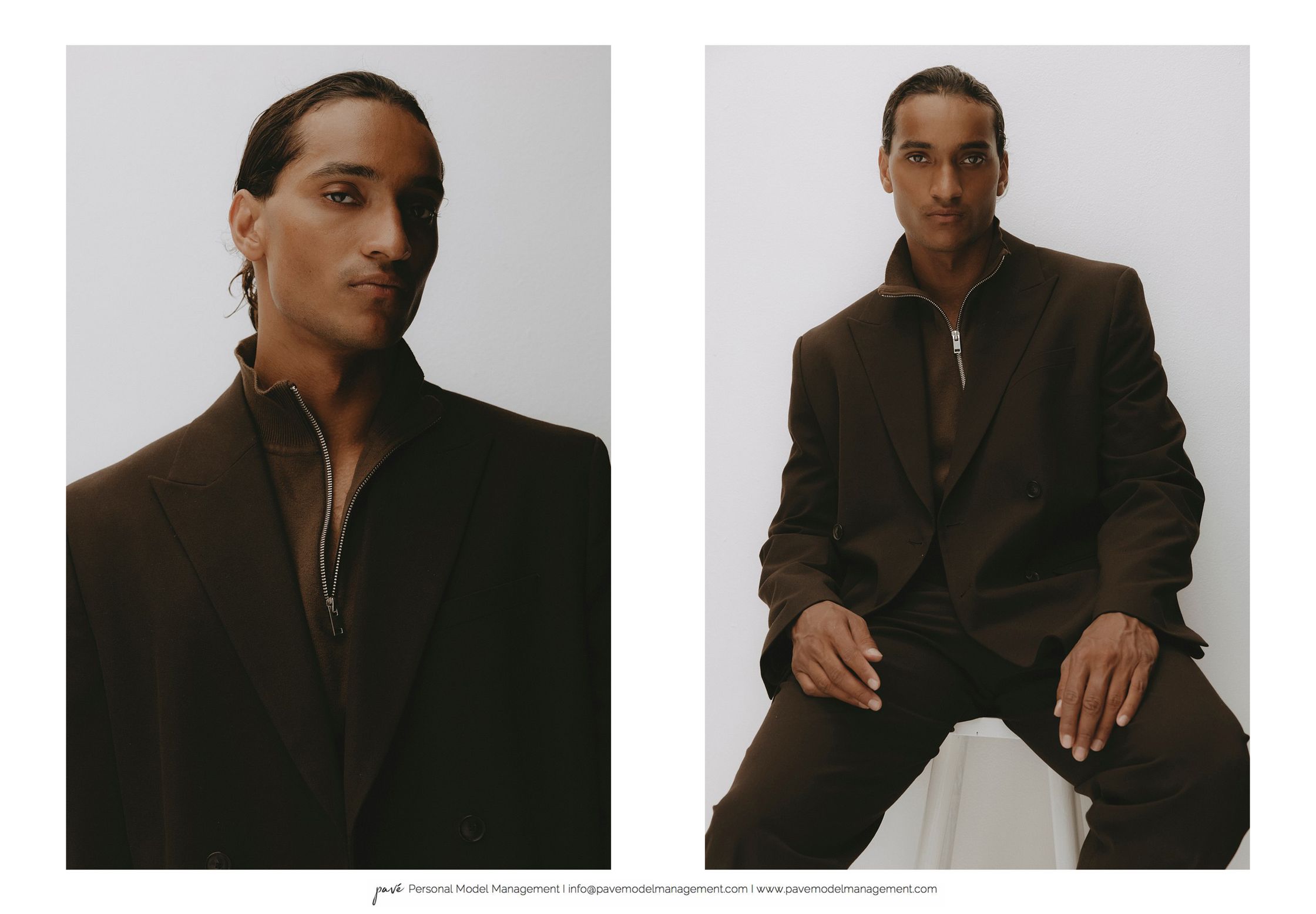 A dark-skinned man with long dark hair poses in two adjacent full-frame images against a white background, wearing a brown suit jacket over a brown zippered top.