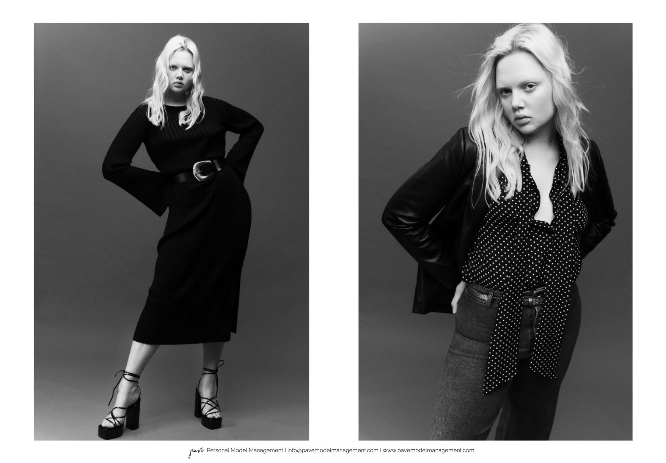 A black and white diptych shows a model in two different full-body looks.